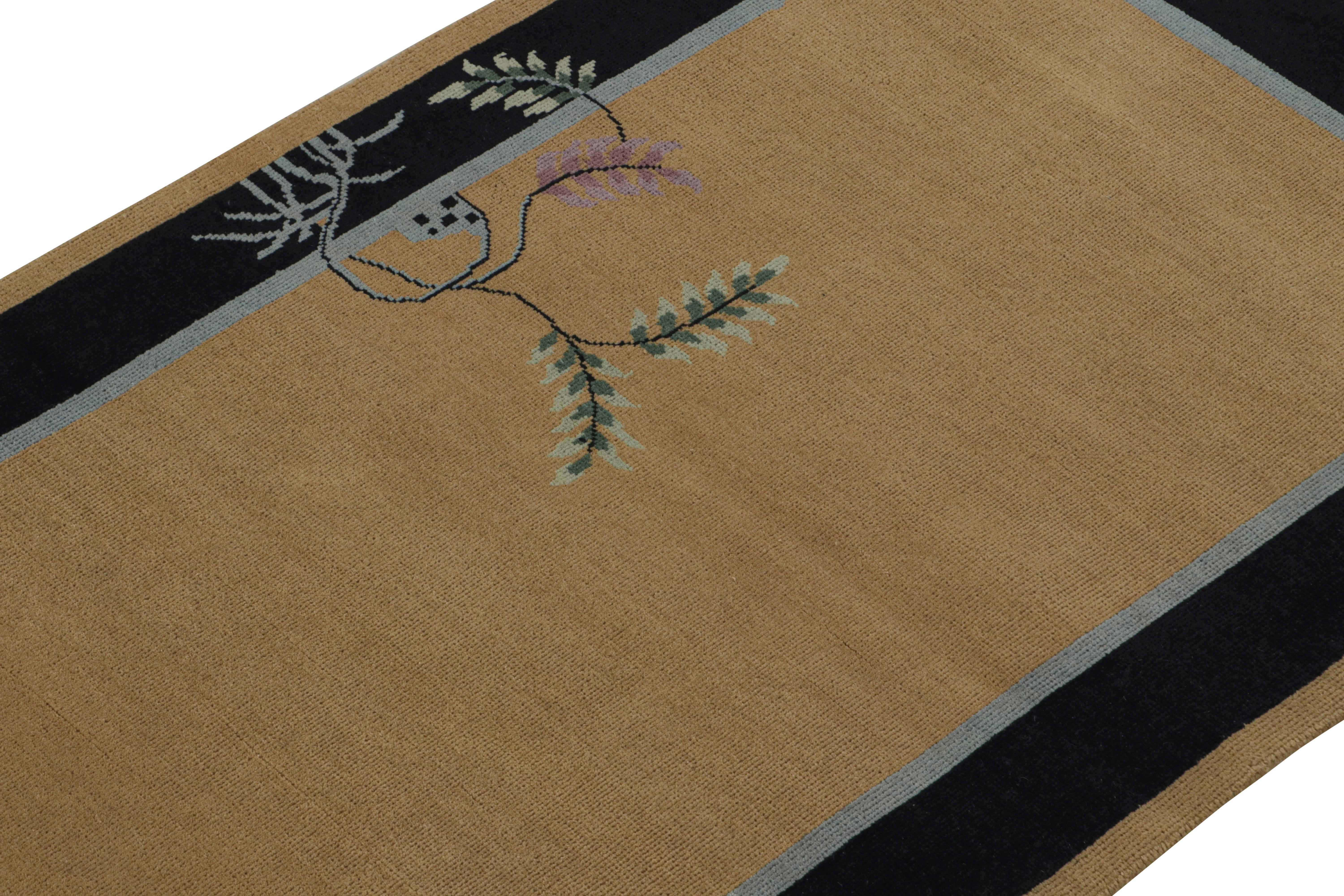 This 3x5 rug is an exciting new addition to the Art Deco collection by Rug & Kilim.  

On the Design: 

Hand-knotted in wool, this contemporary piece recaptures the Chinese Art Deco rug style of the 1920s. Its minimal design features a single floral