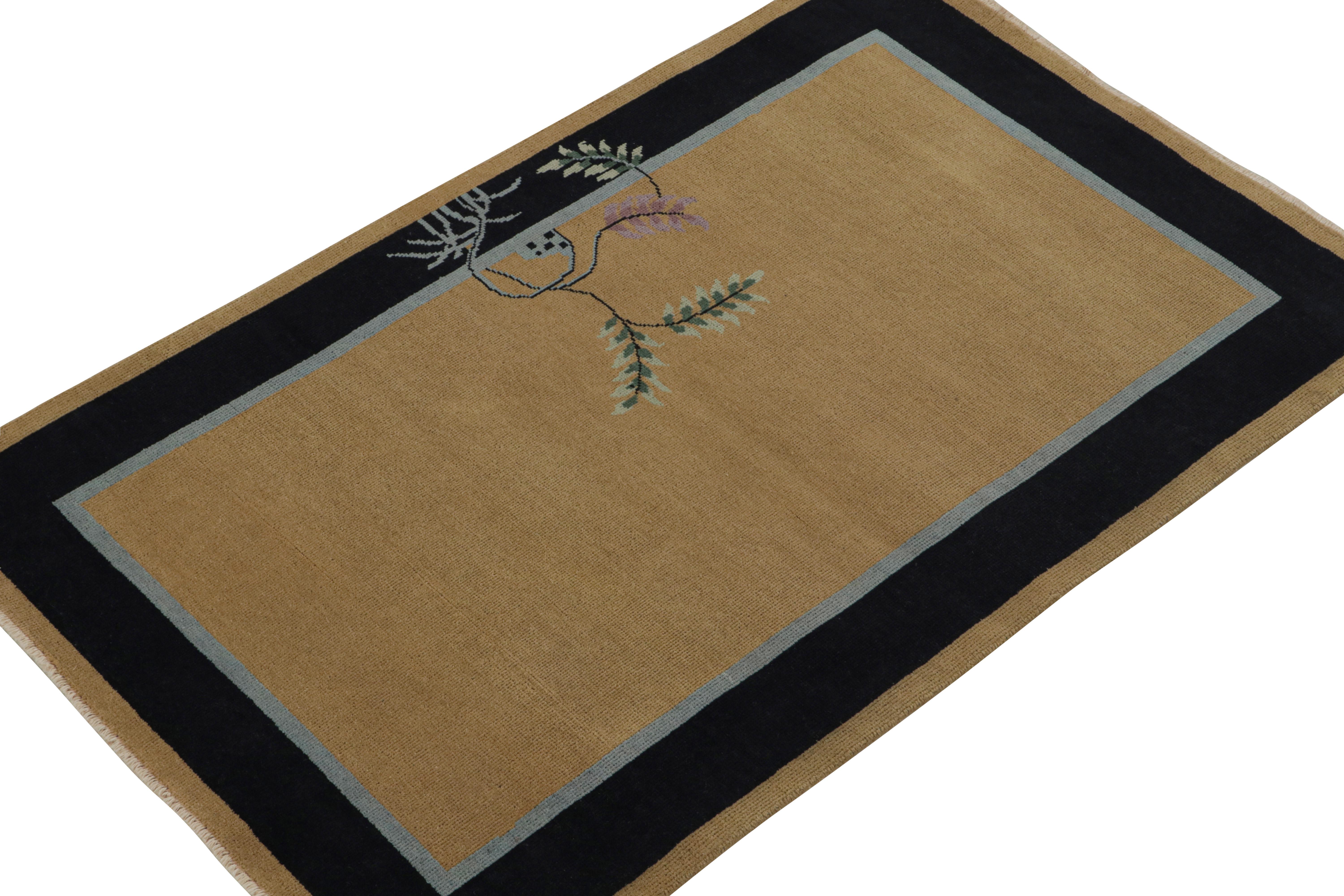 Hand-Knotted Rug & Kilim’s Chinese Art Deco Style Rug with Camel Field and Blue Border For Sale