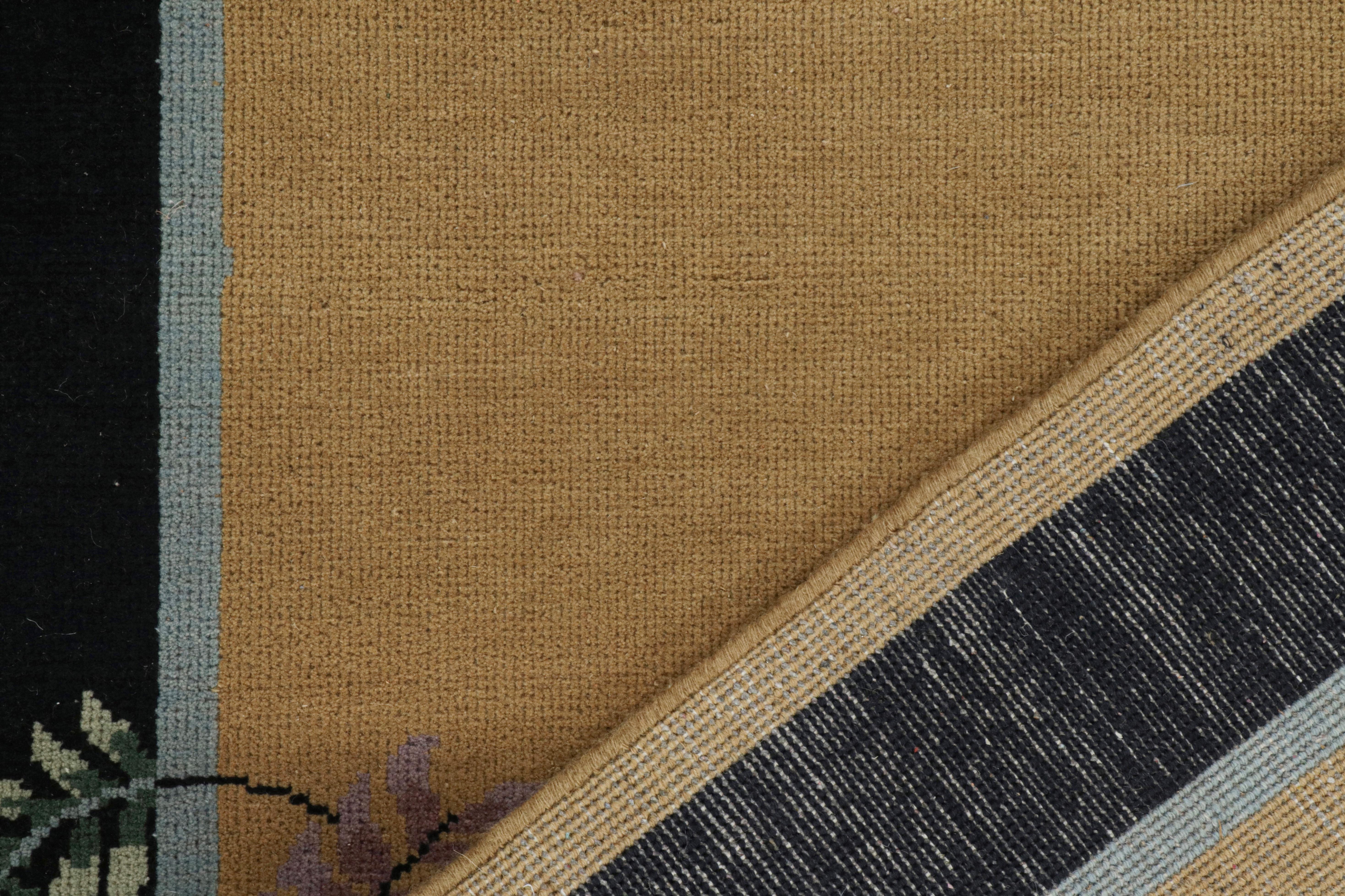 Wool Rug & Kilim’s Chinese Art Deco Style Rug with Camel Field and Blue Border For Sale