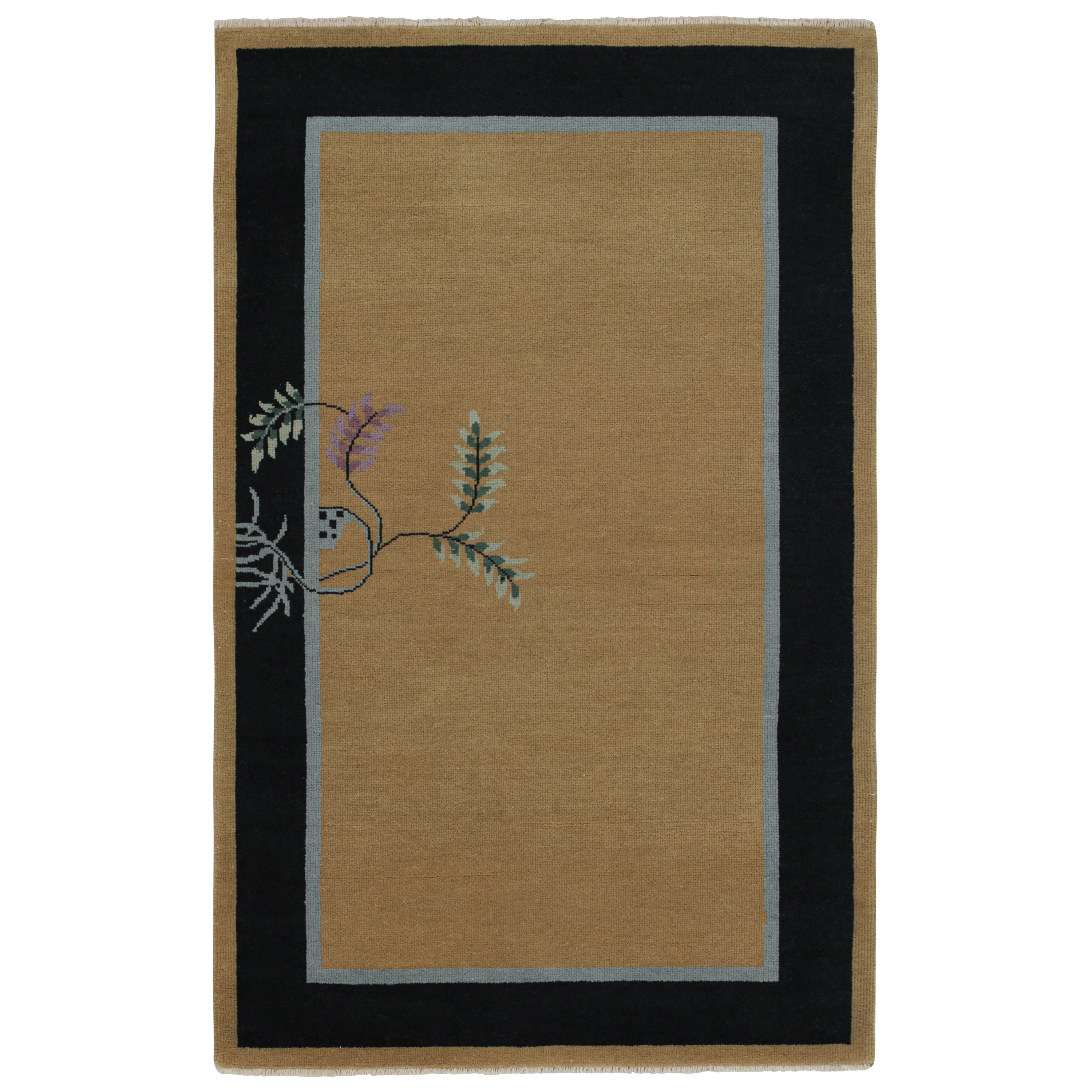 Rug & Kilim’s Chinese Art Deco Style Rug with Camel Field and Blue Border For Sale