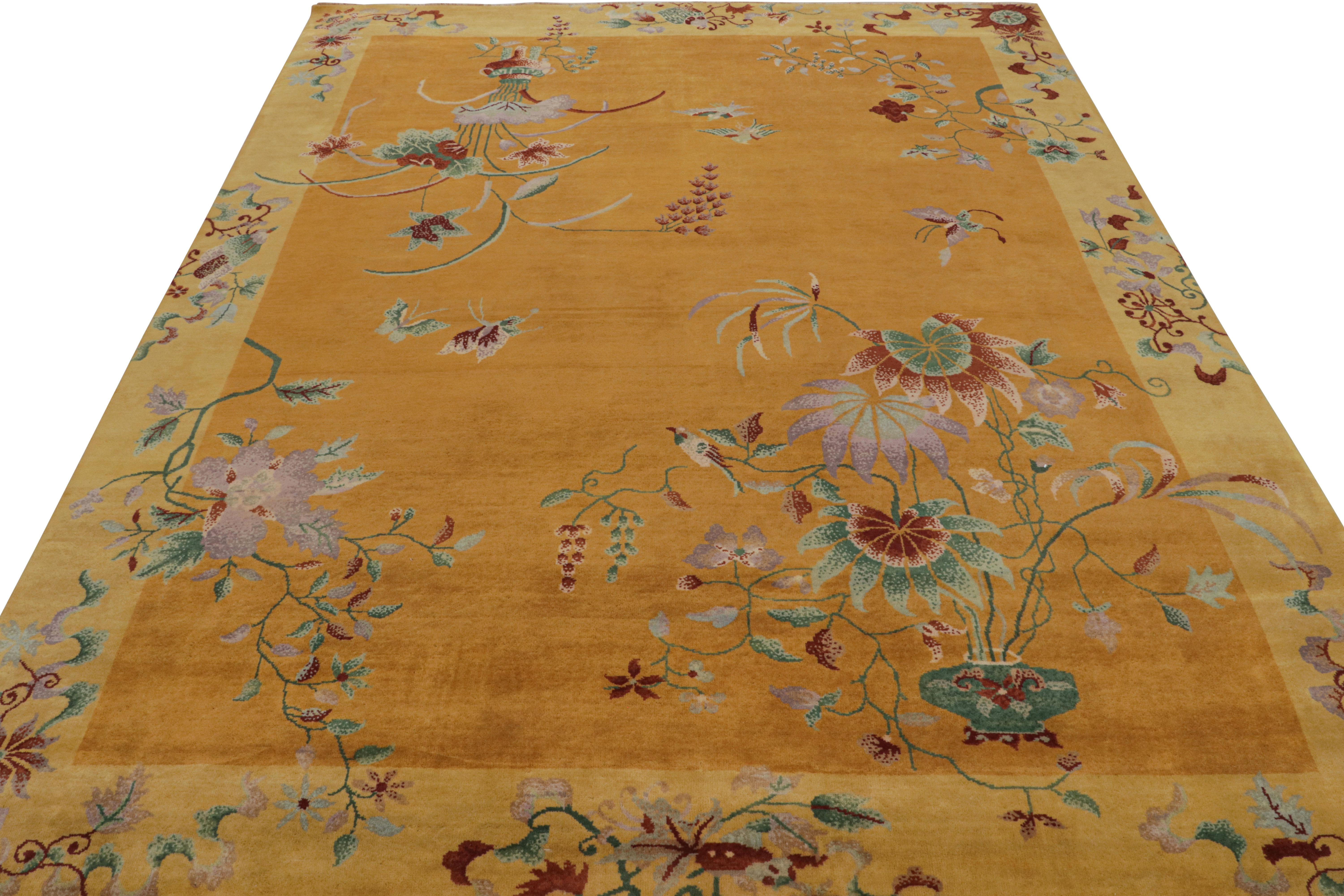 Scandinavian Modern Rug & Kilim’s Chinese Art Deco style rug, with Floral Patterns and Pictorials For Sale