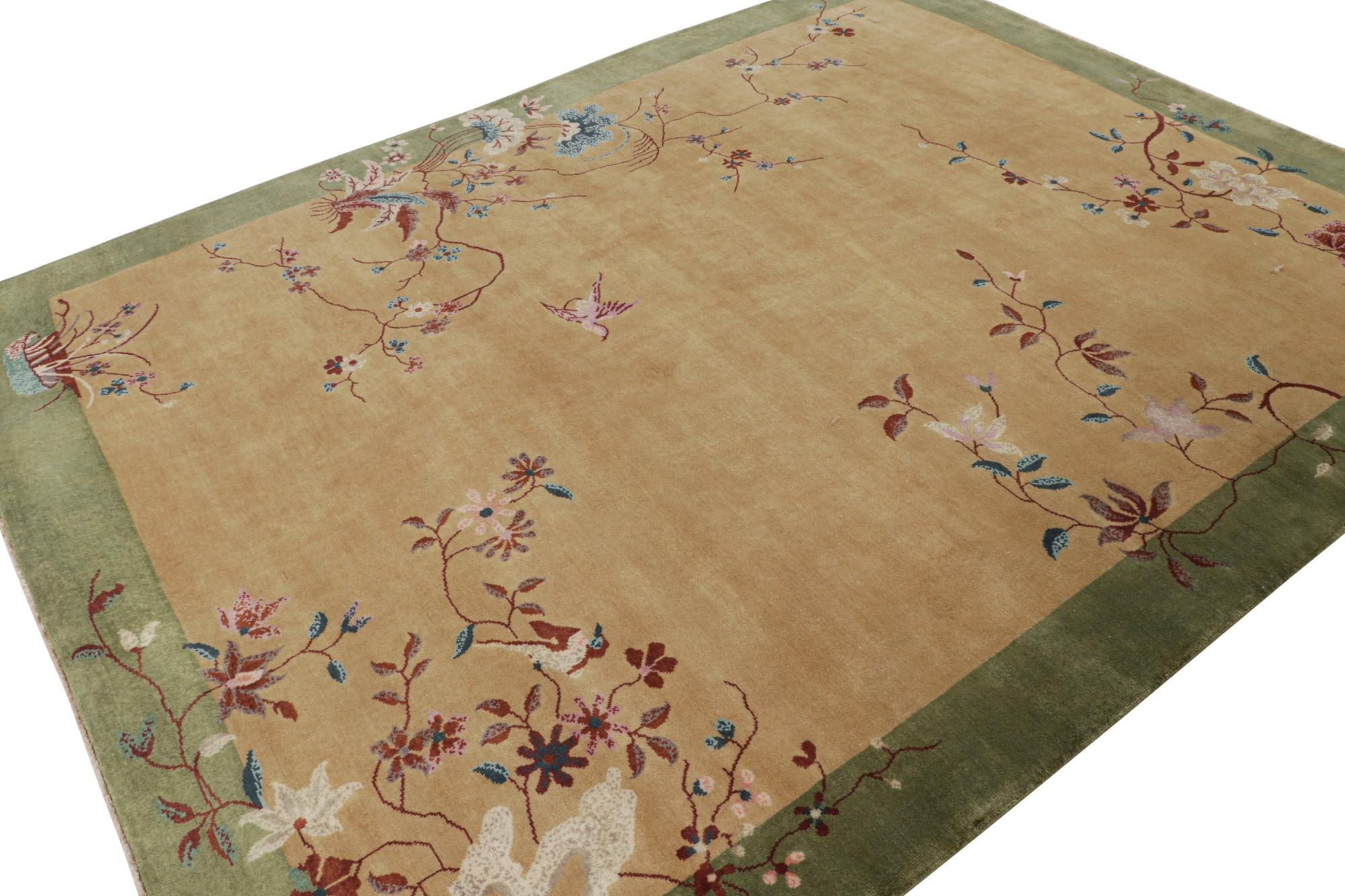 Hand-knotted with wool, this 8x10 Chinese Art Deco rug features vibrant pictorials and floral patterns on a beige/brown field and the green border alike. 

On the Design: 

Hand-knotted in wool, this contemporary piece recaptures the Chinese Art