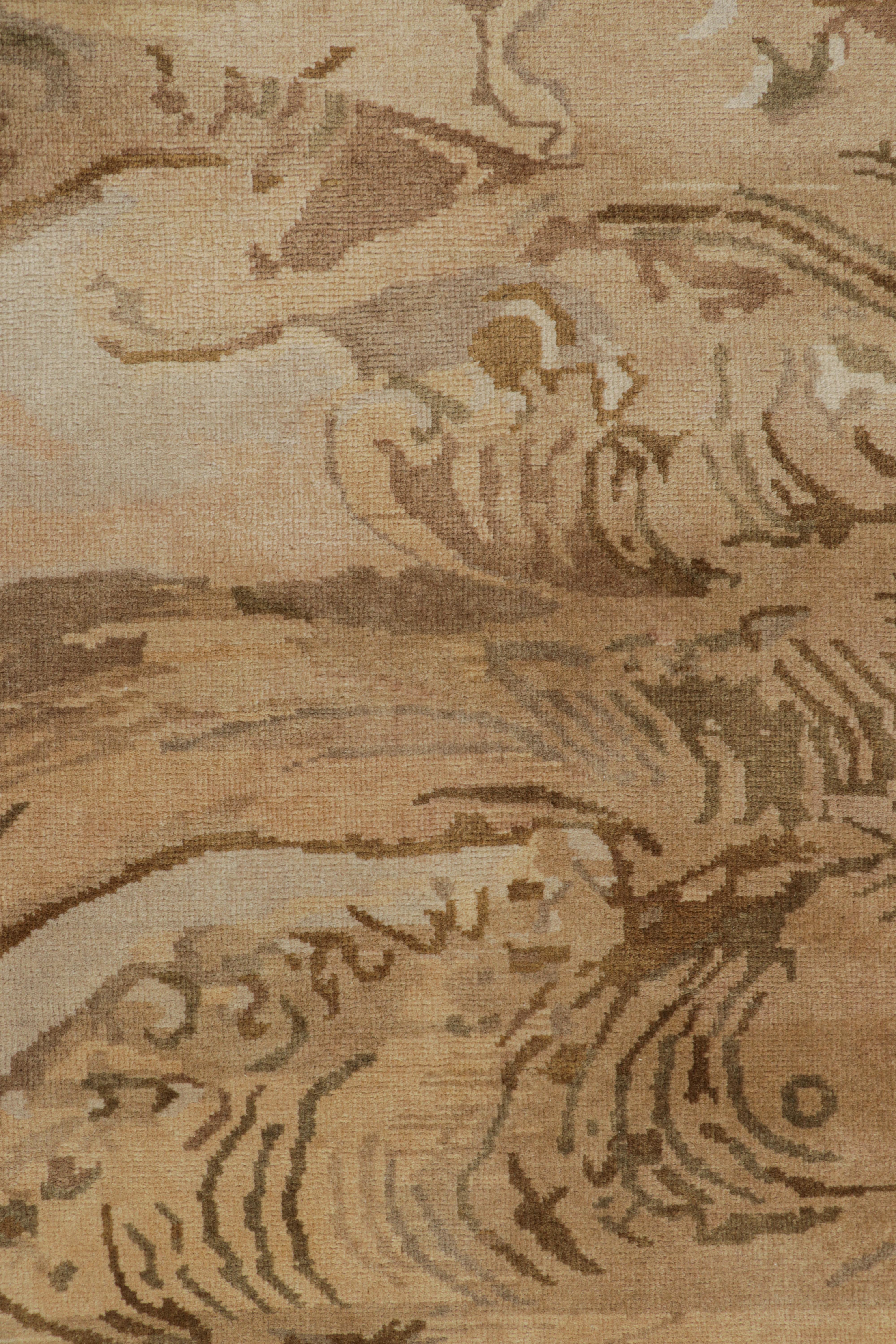 Indian Rug & Kilim’s Chinese Art Deco Style Runner in Beige-Brown Wave Pictorials For Sale