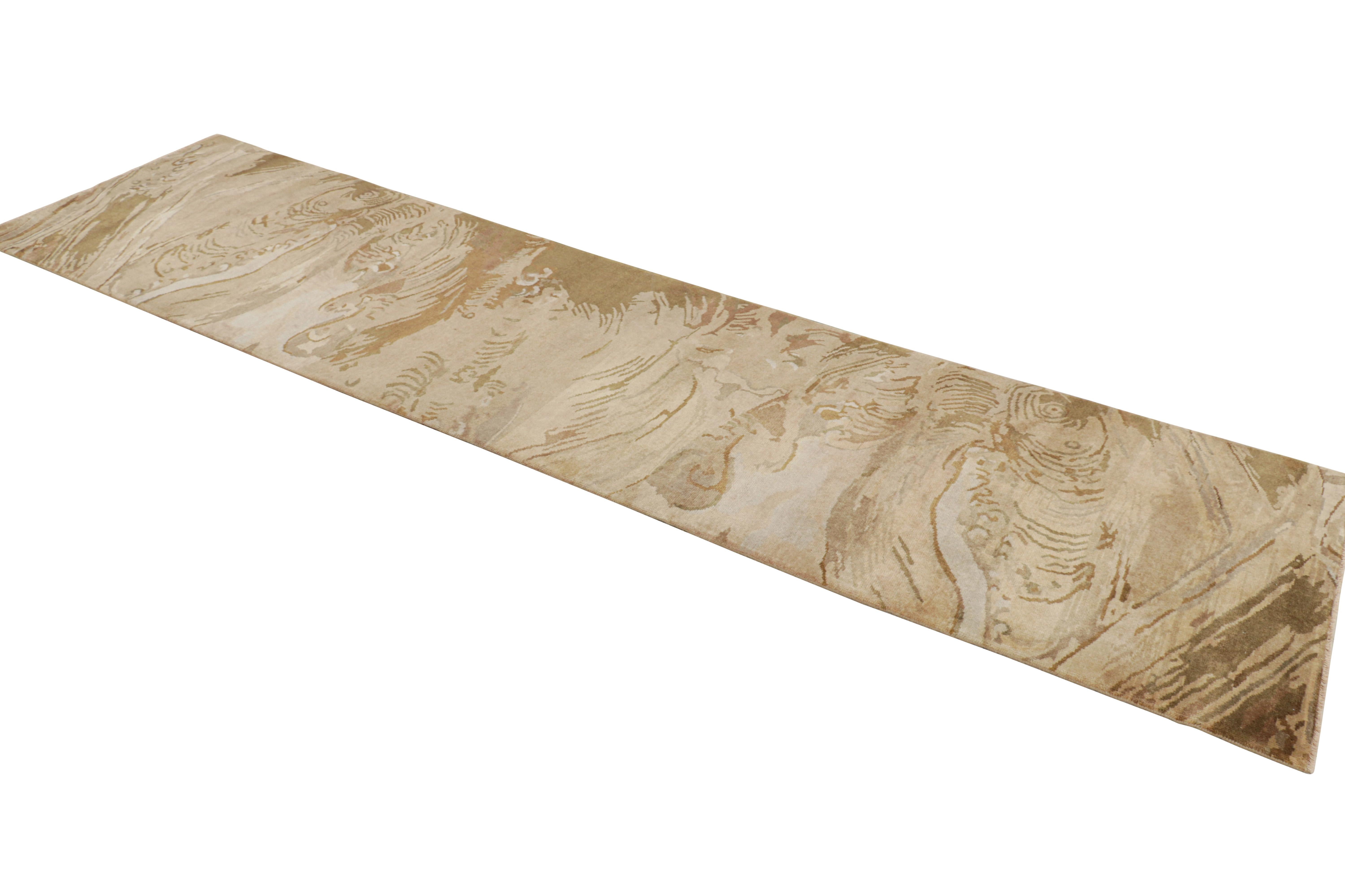 Hand-Knotted Rug & Kilim’s Chinese Art Deco Style Runner in Beige-Brown Wave Pictorials For Sale