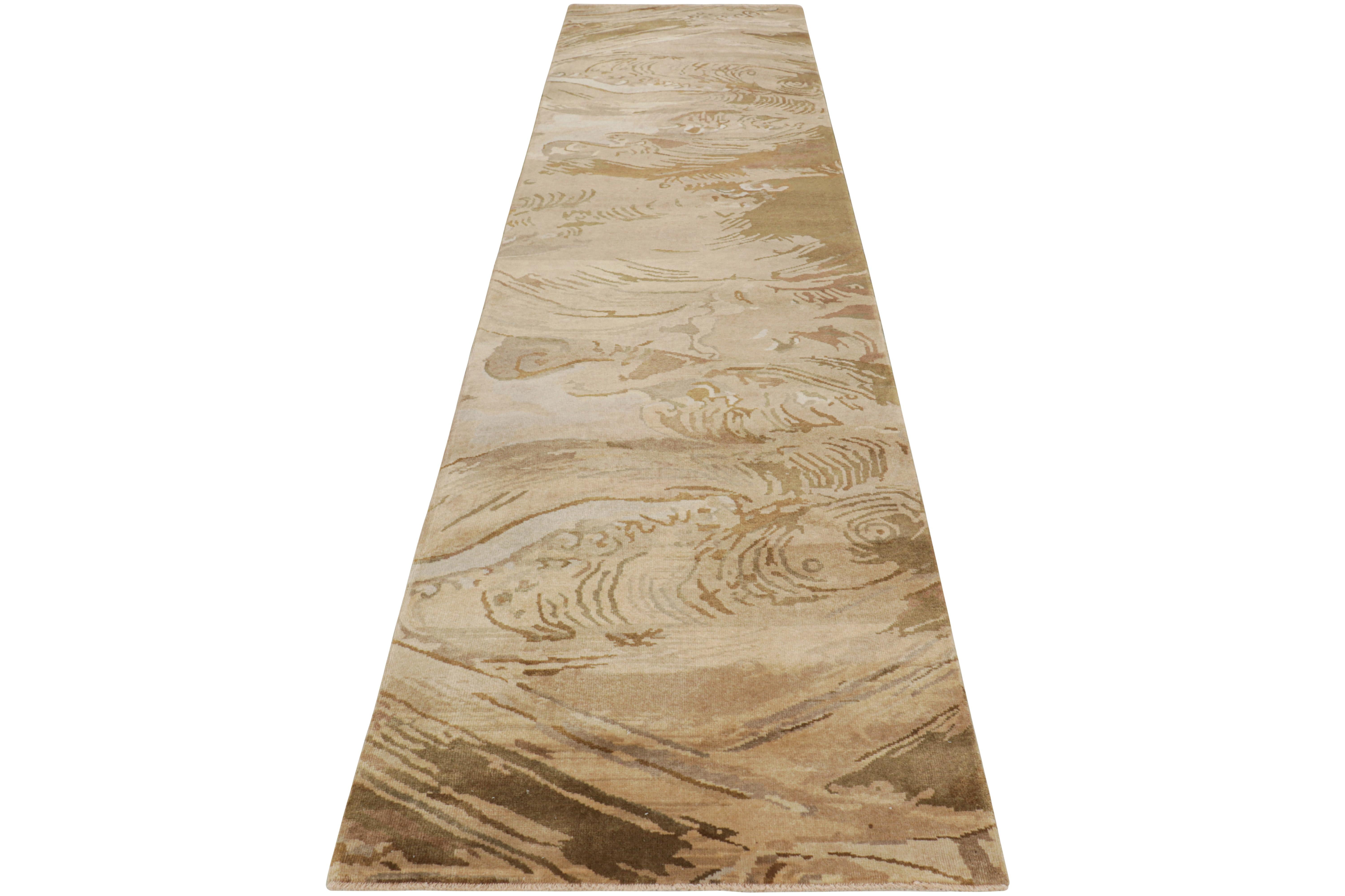Rug & Kilim’s Chinese Art Deco Style Runner in Beige-Brown Wave Pictorials In New Condition For Sale In Long Island City, NY
