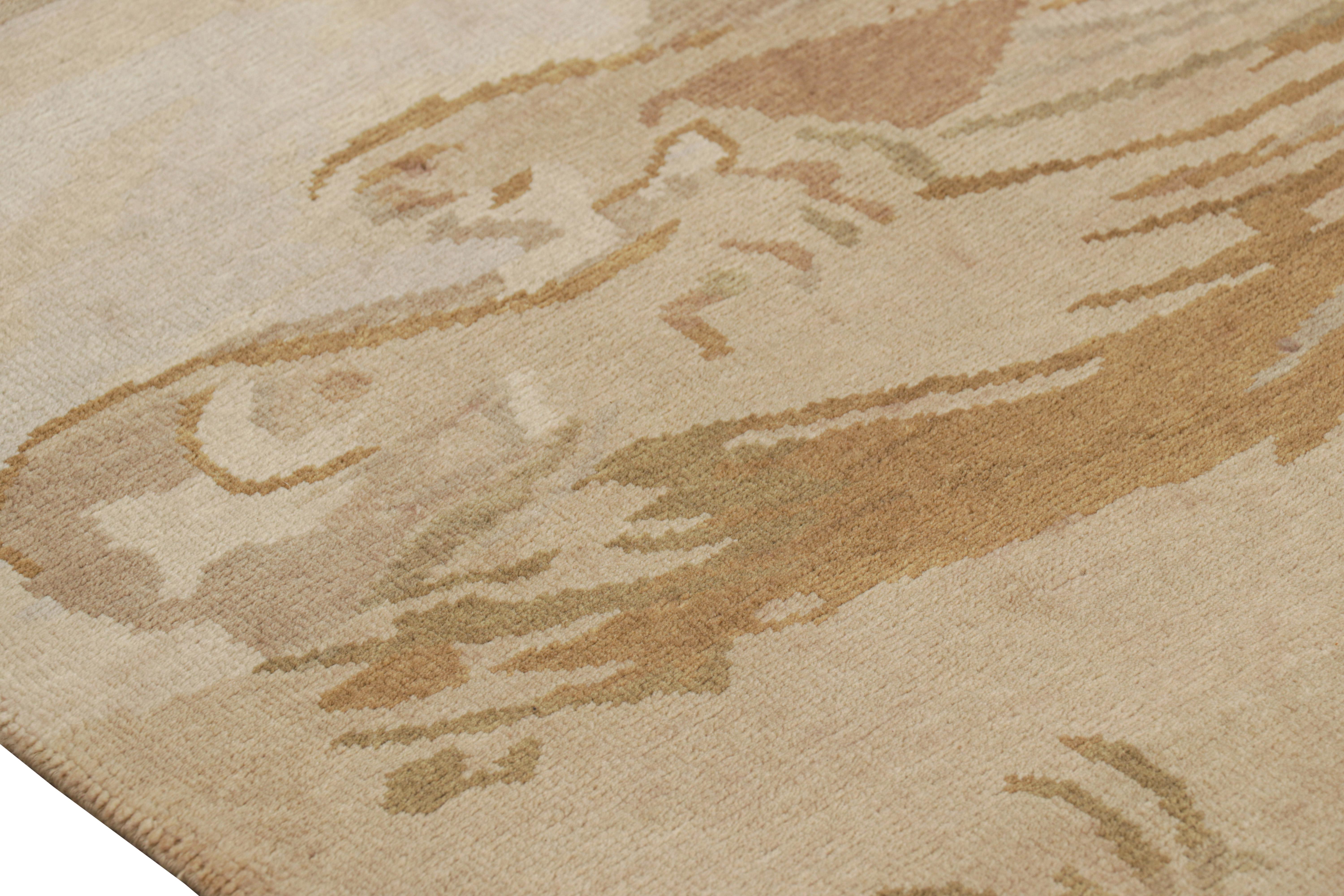 Contemporary Rug & Kilim’s Chinese Art Deco Style Runner in Beige-Brown Wave Pictorials For Sale