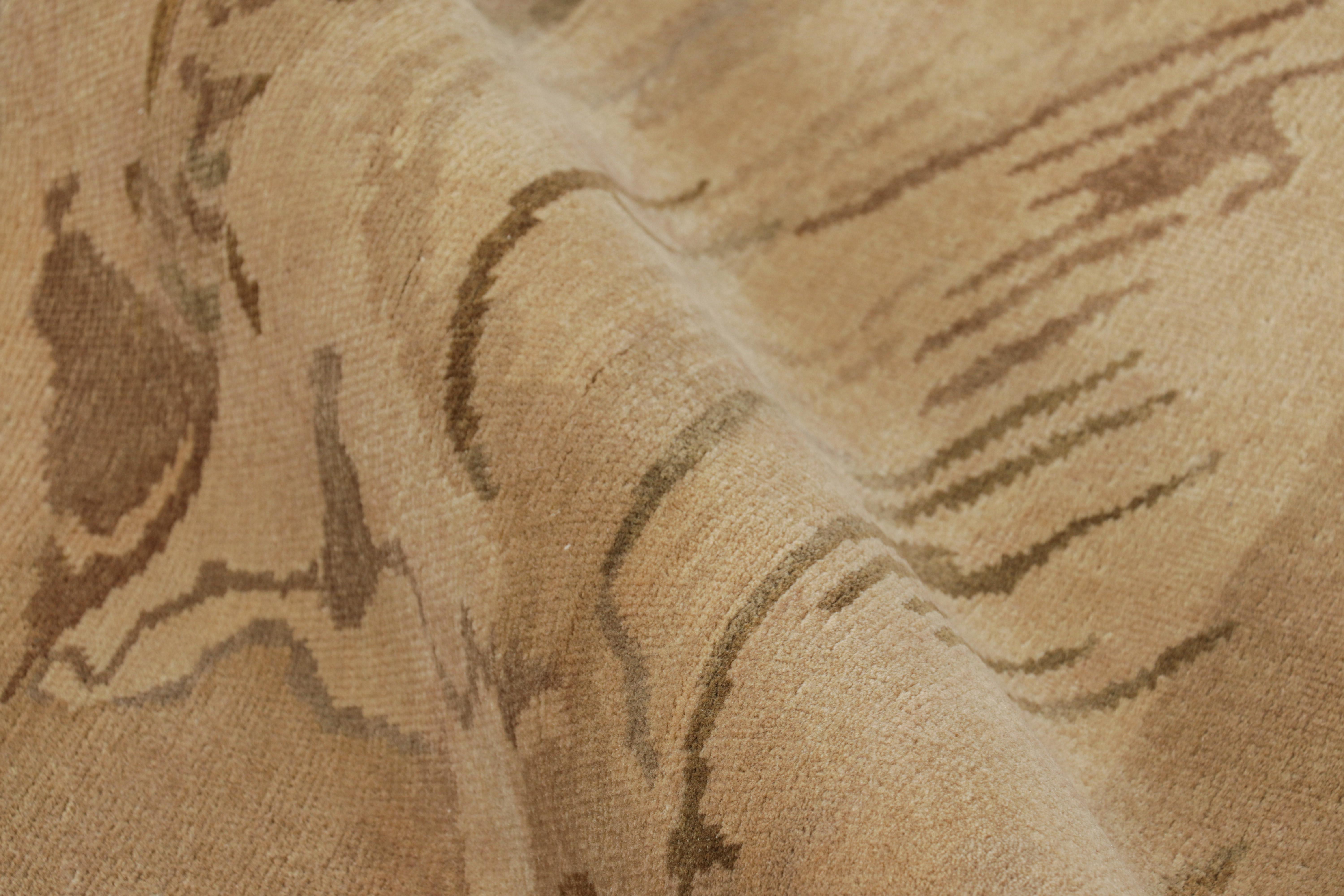 Wool Rug & Kilim’s Chinese Art Deco Style Runner in Beige-Brown Wave Pictorials For Sale