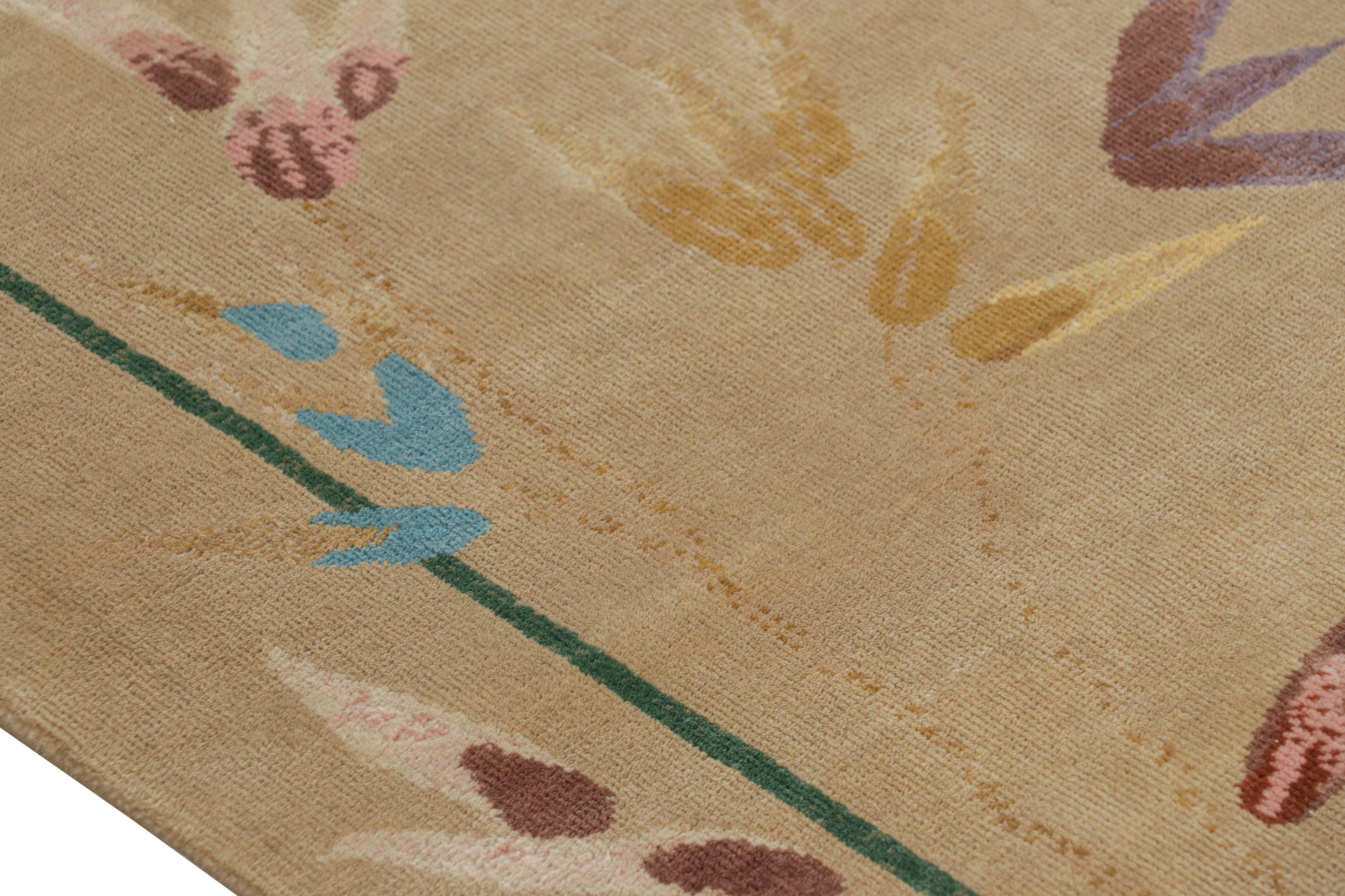 Indian Rug & Kilim’s Chinese Art Deco Style Runner in Beige-Brown With Colorful Florals For Sale