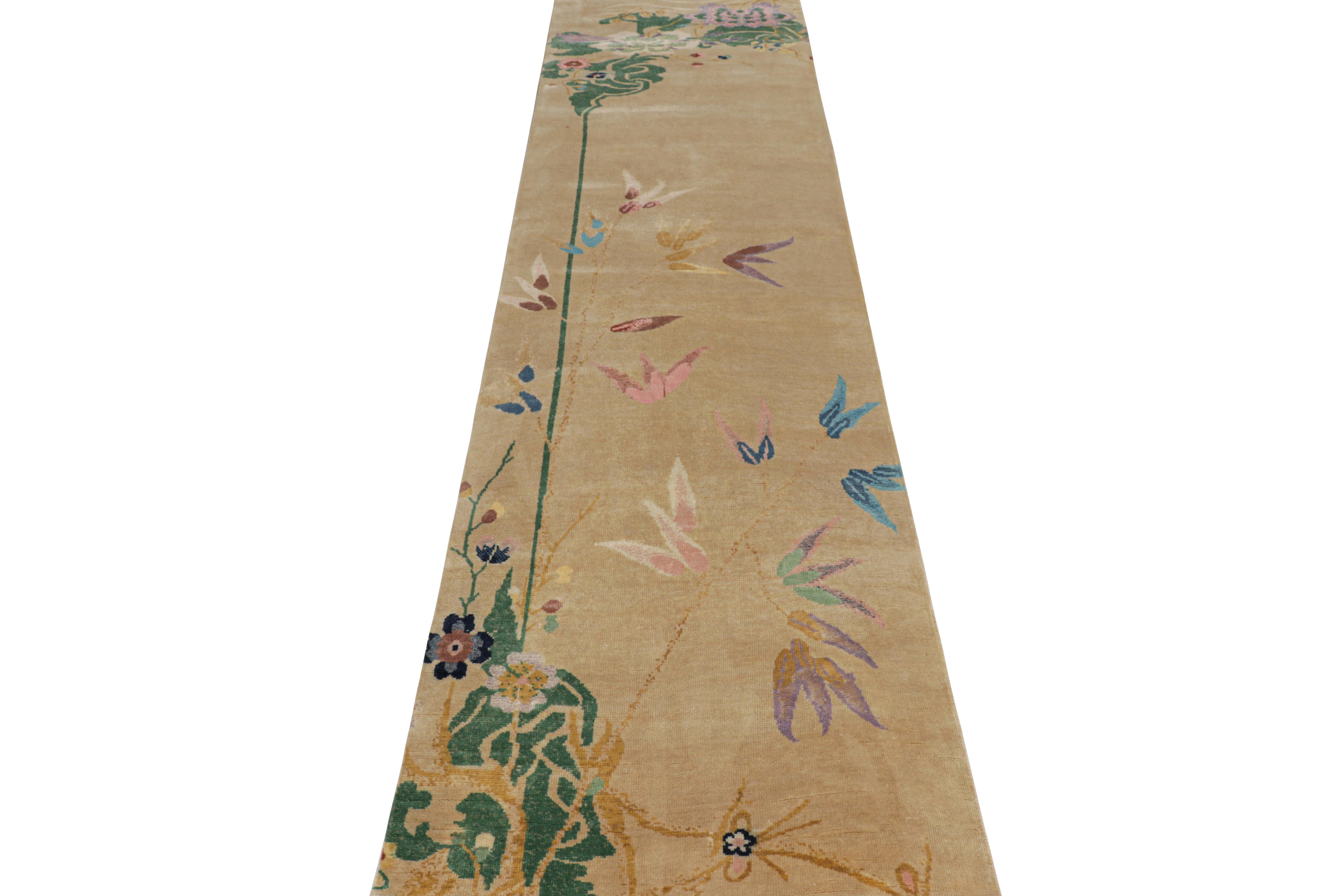 Hand-Knotted Rug & Kilim’s Chinese Art Deco Style Runner in Beige-Brown With Colorful Florals For Sale