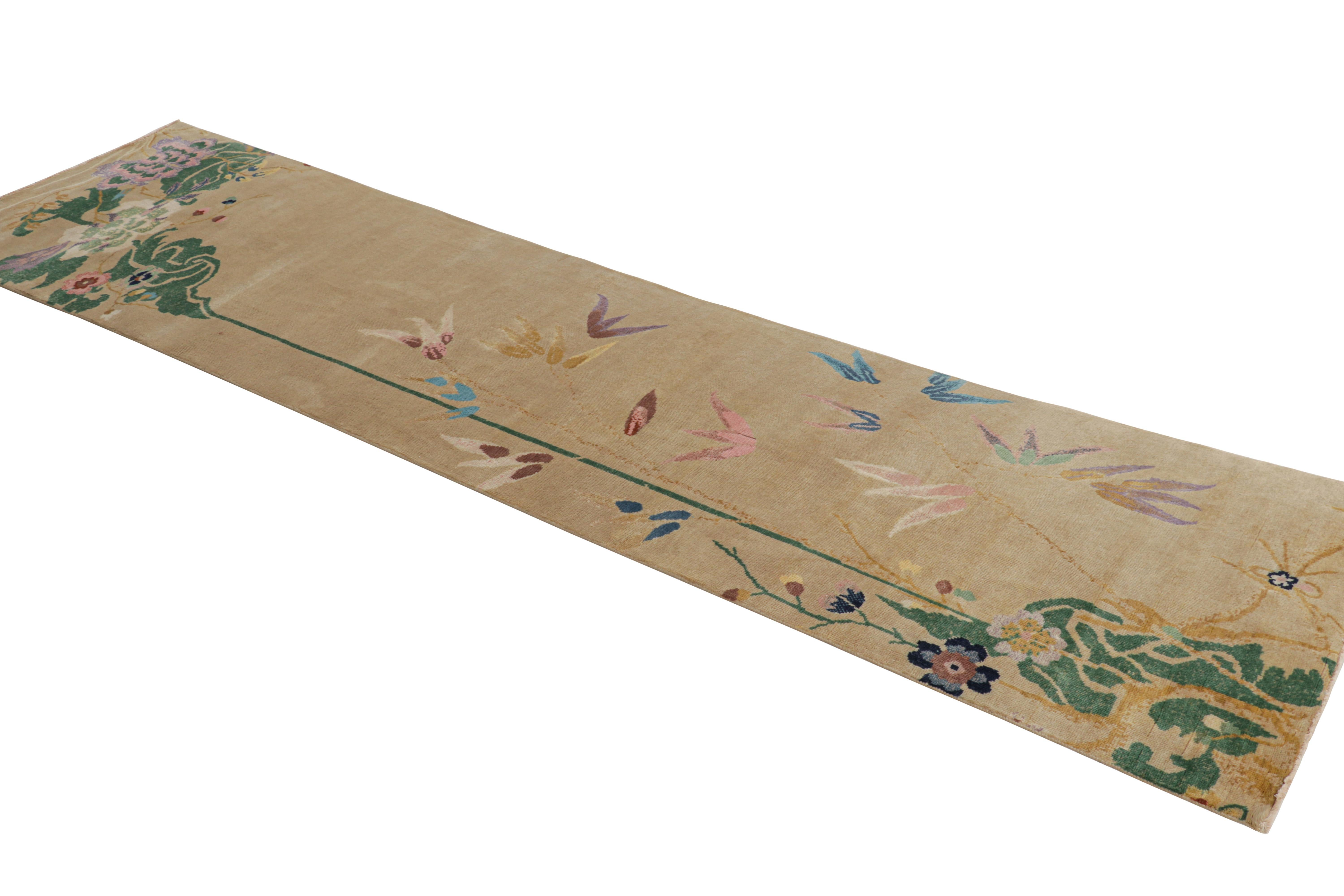 Rug & Kilim’s Chinese Art Deco Style Runner in Beige-Brown With Colorful Florals In New Condition For Sale In Long Island City, NY