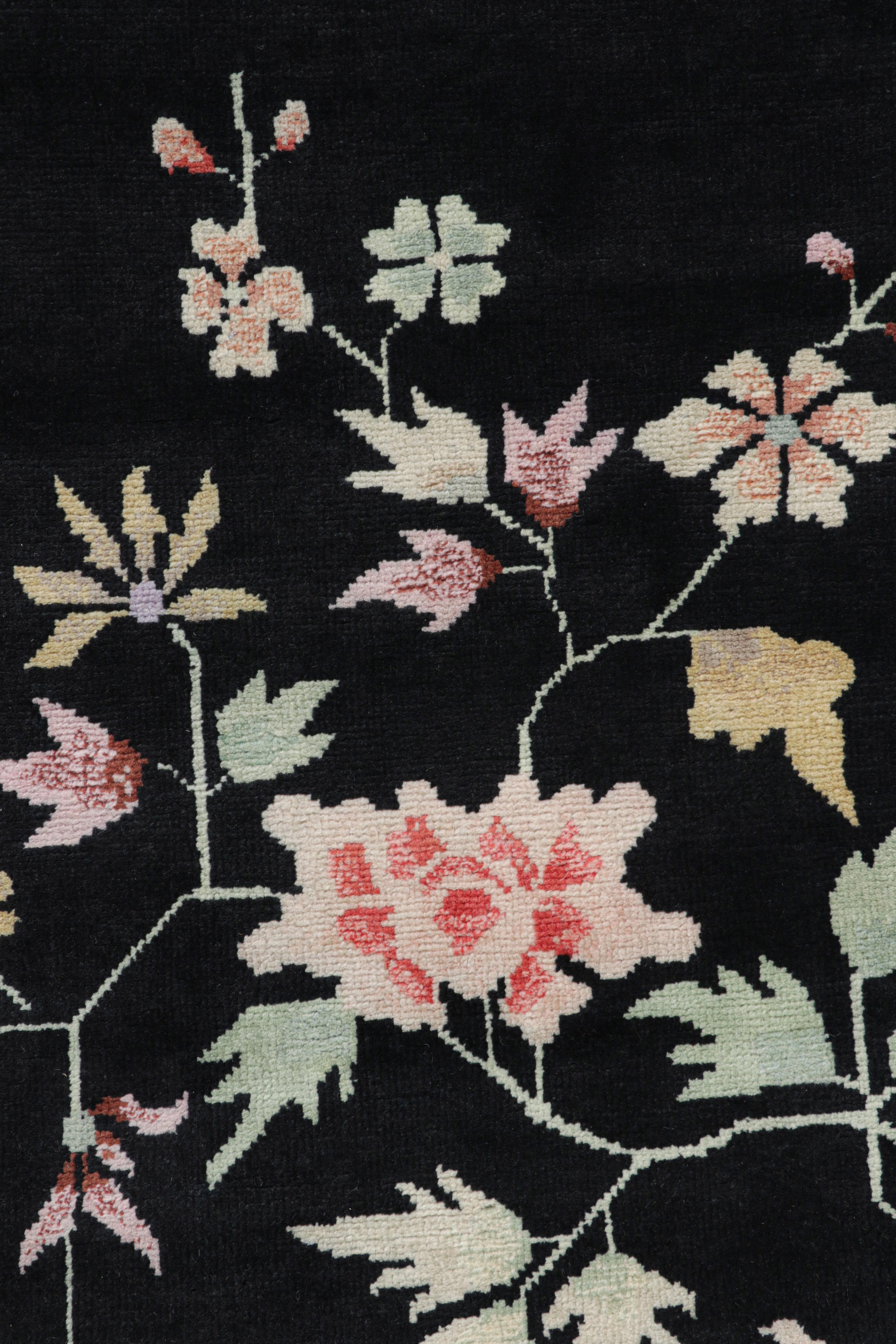 Modern Rug & Kilim’s Chinese Art Deco Style Runner in Black with Colorful Florals For Sale