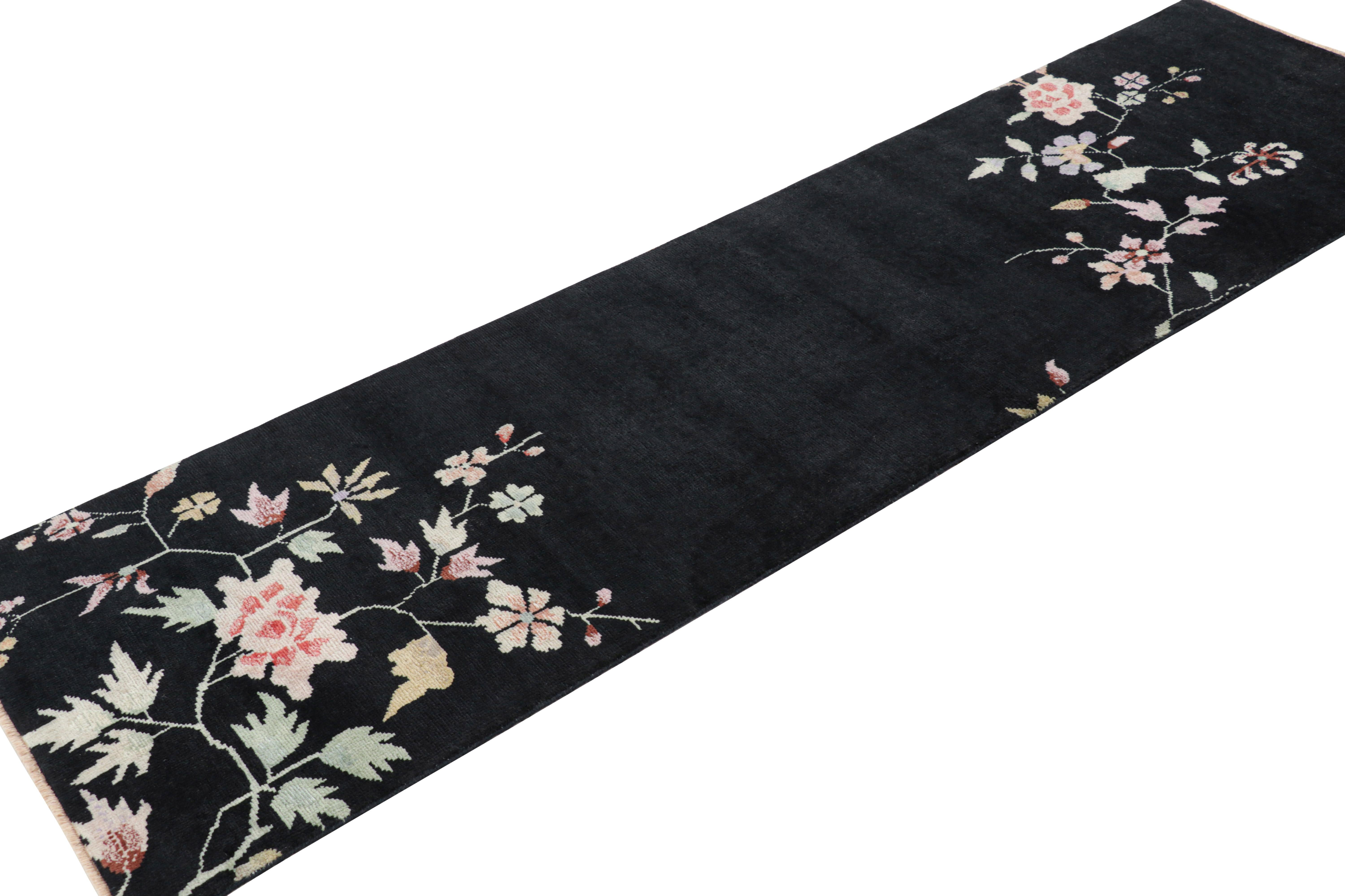 Indian Rug & Kilim’s Chinese Art Deco Style Runner in Black with Colorful Florals For Sale
