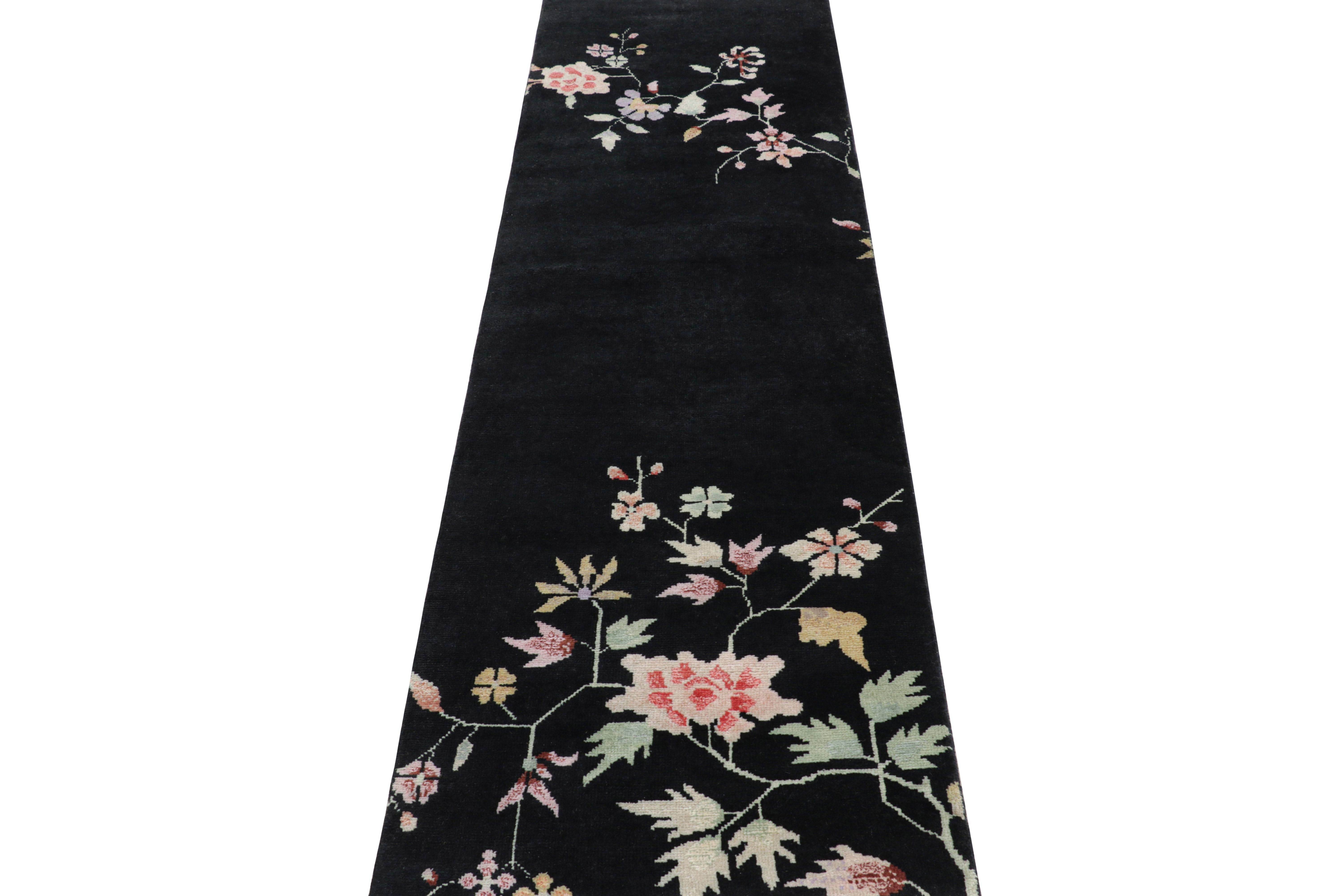 Hand-Knotted Rug & Kilim’s Chinese Art Deco Style Runner in Black with Colorful Florals For Sale