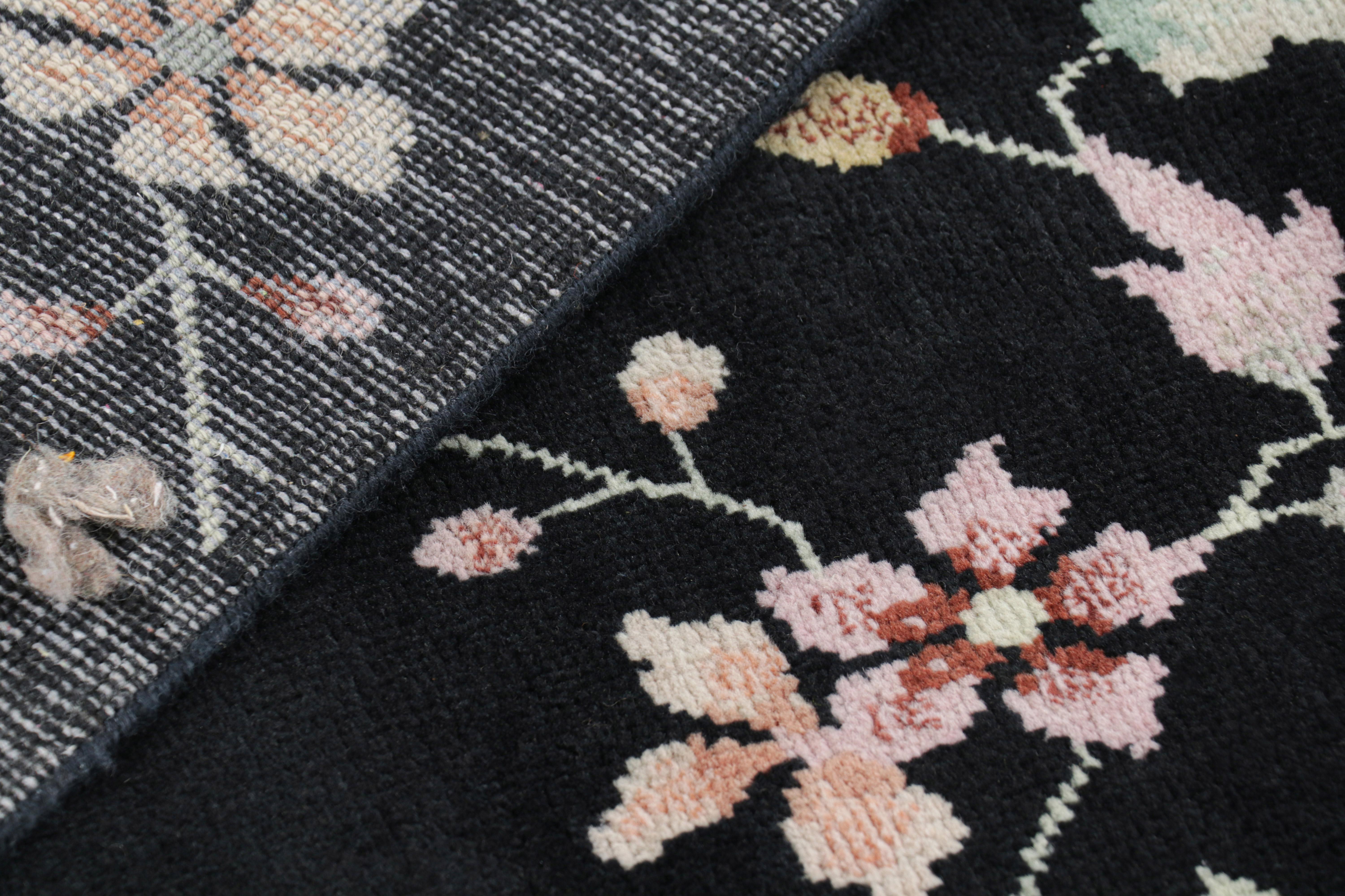 Contemporary Rug & Kilim’s Chinese Art Deco Style Runner in Black with Colorful Florals For Sale