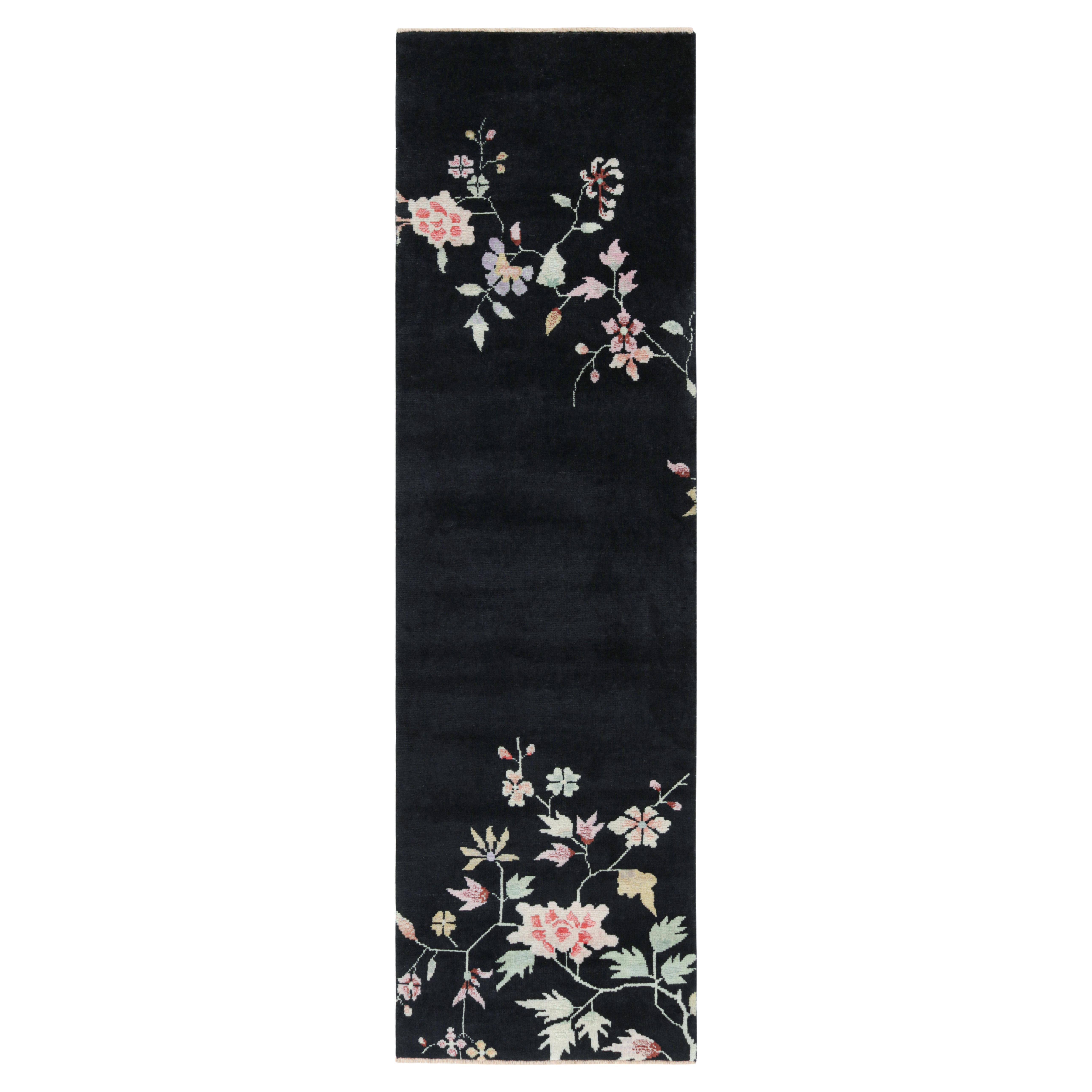Rug & Kilim’s Chinese Art Deco Style Runner in Black with Colorful Florals For Sale