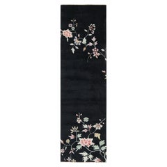 Rug & Kilim’s Chinese Art Deco Style Runner in Black with Colorful Florals