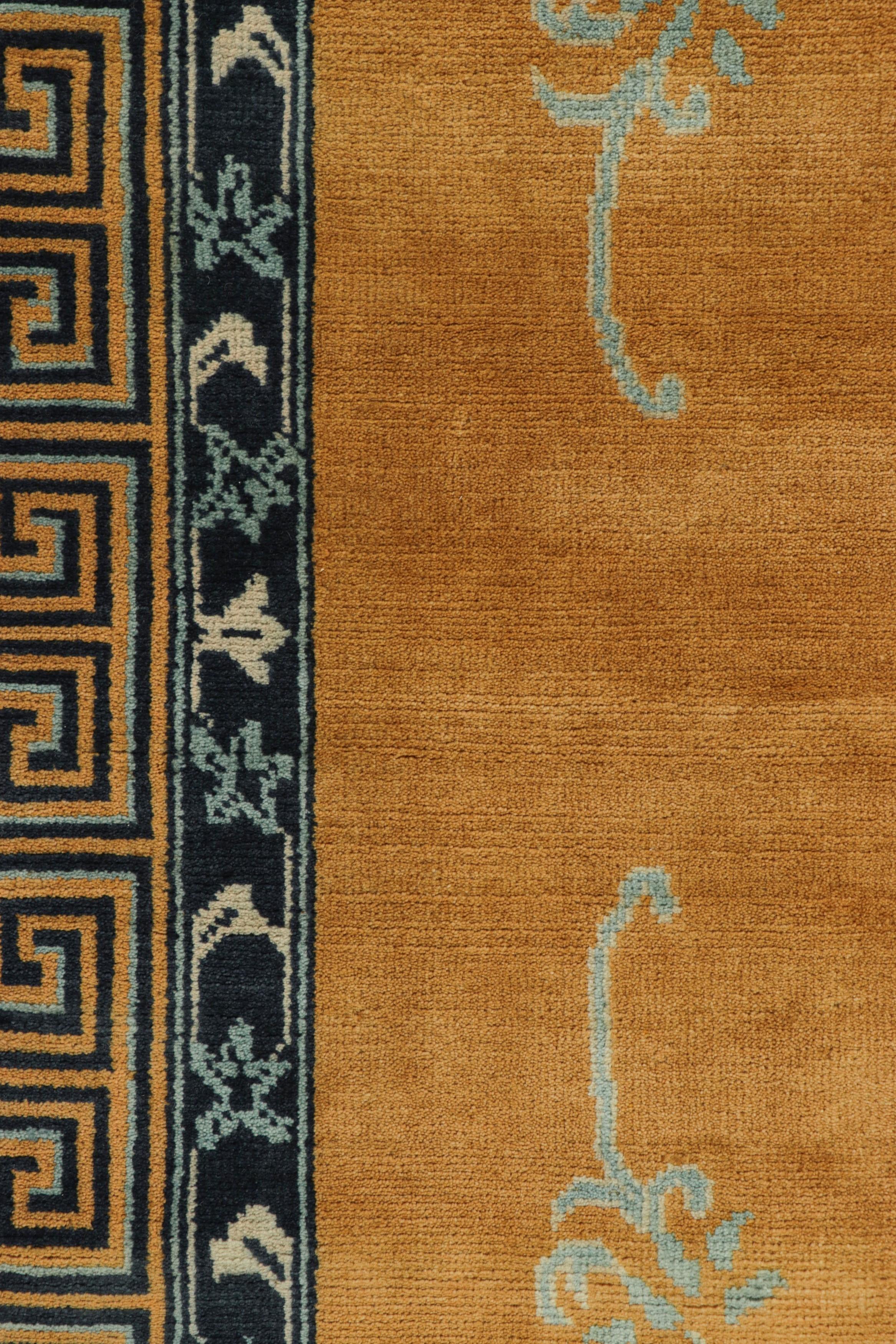 Indian Rug & Kilim’s Chinese Art Deco Style Runner Rug in Gold with Floral Patterns For Sale