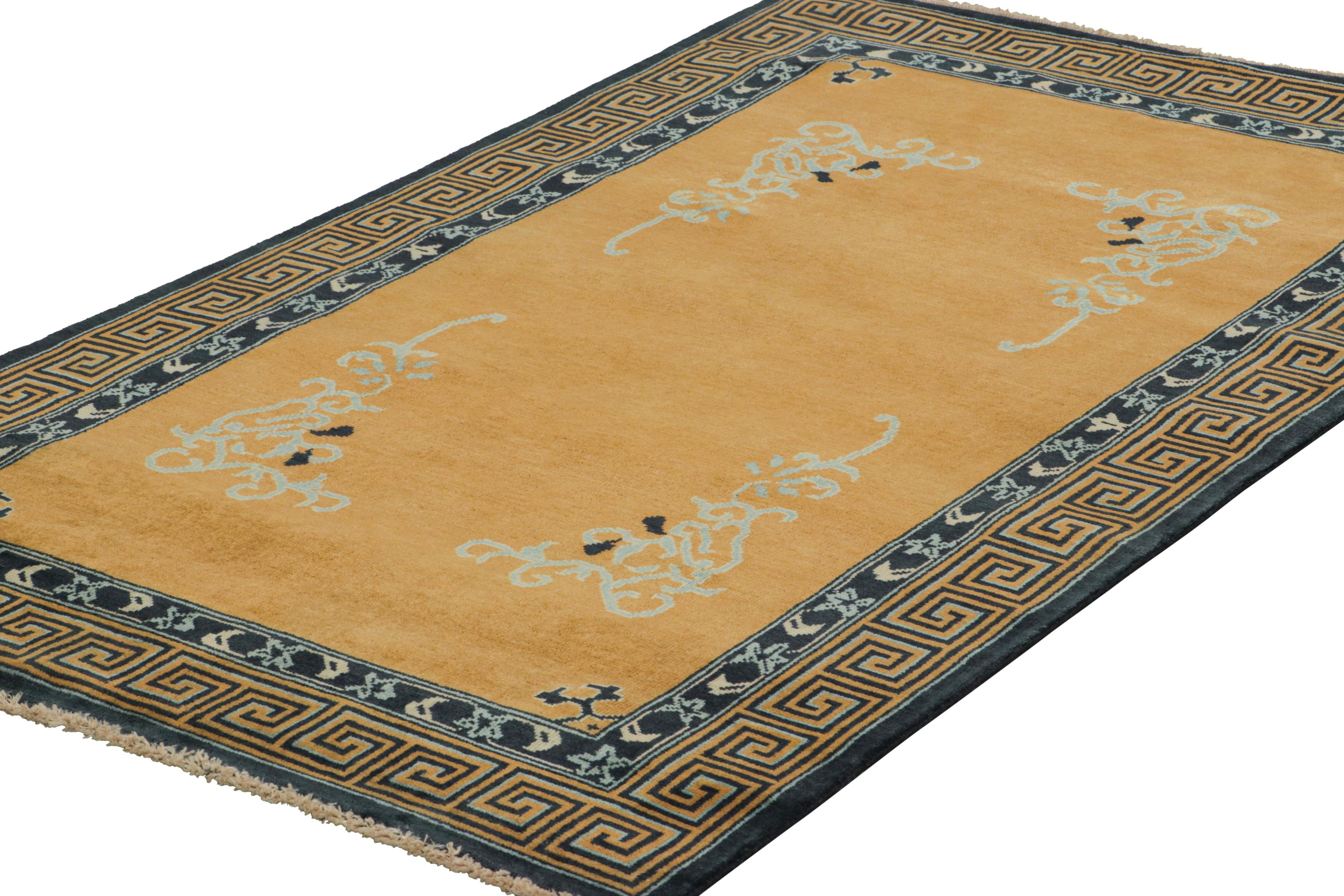 Hand-Knotted Rug & Kilim’s Chinese Art Deco Style Runner Rug in Gold with Floral Patterns For Sale