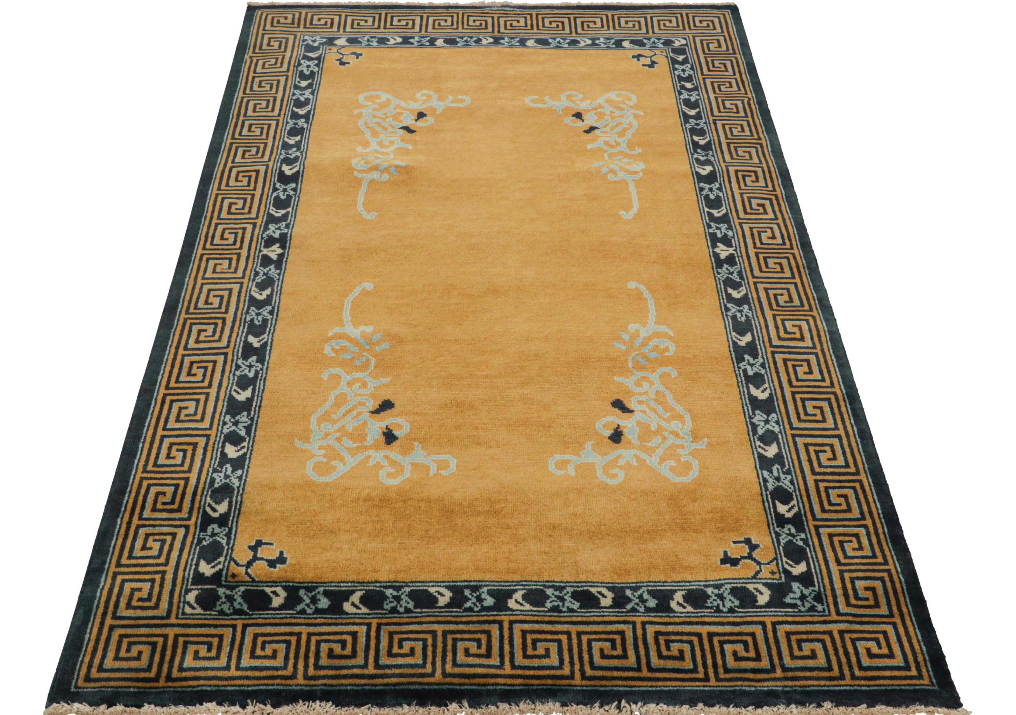 Rug & Kilim’s Chinese Art Deco Style Runner Rug in Gold with Floral Patterns In New Condition For Sale In Long Island City, NY