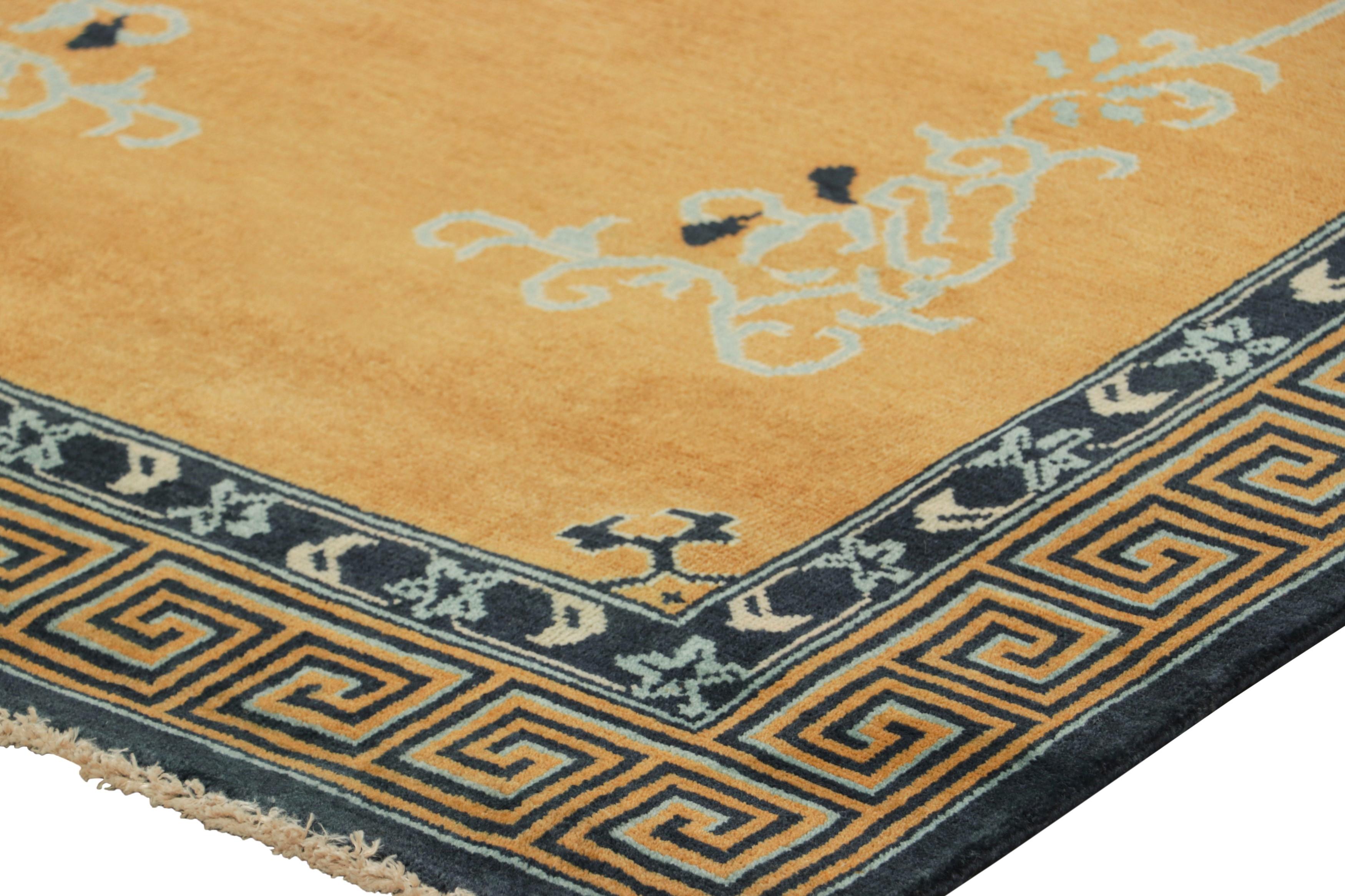 Contemporary Rug & Kilim’s Chinese Art Deco Style Runner Rug in Gold with Floral Patterns For Sale