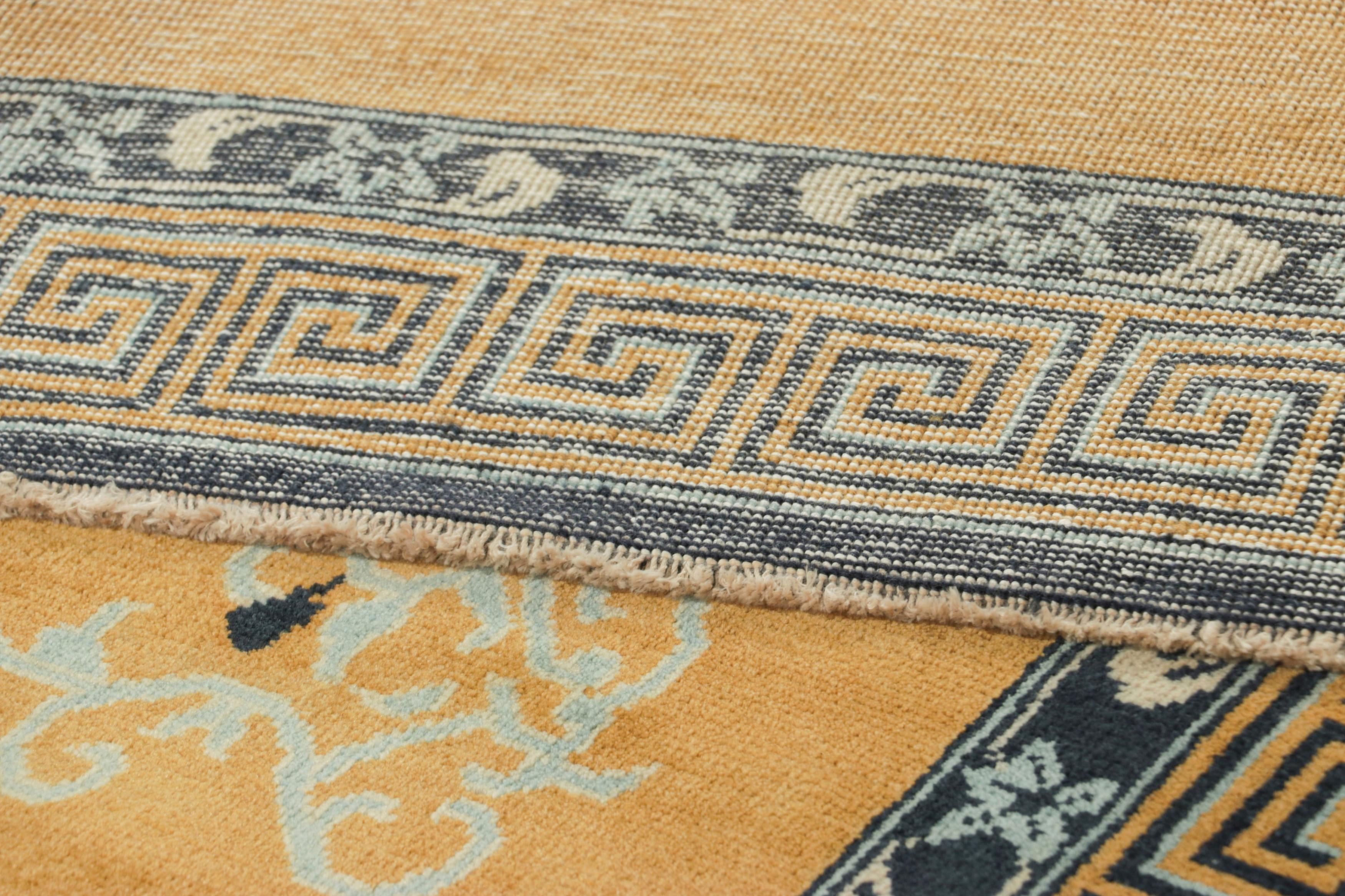 Wool Rug & Kilim’s Chinese Art Deco Style Runner Rug in Gold with Floral Patterns For Sale