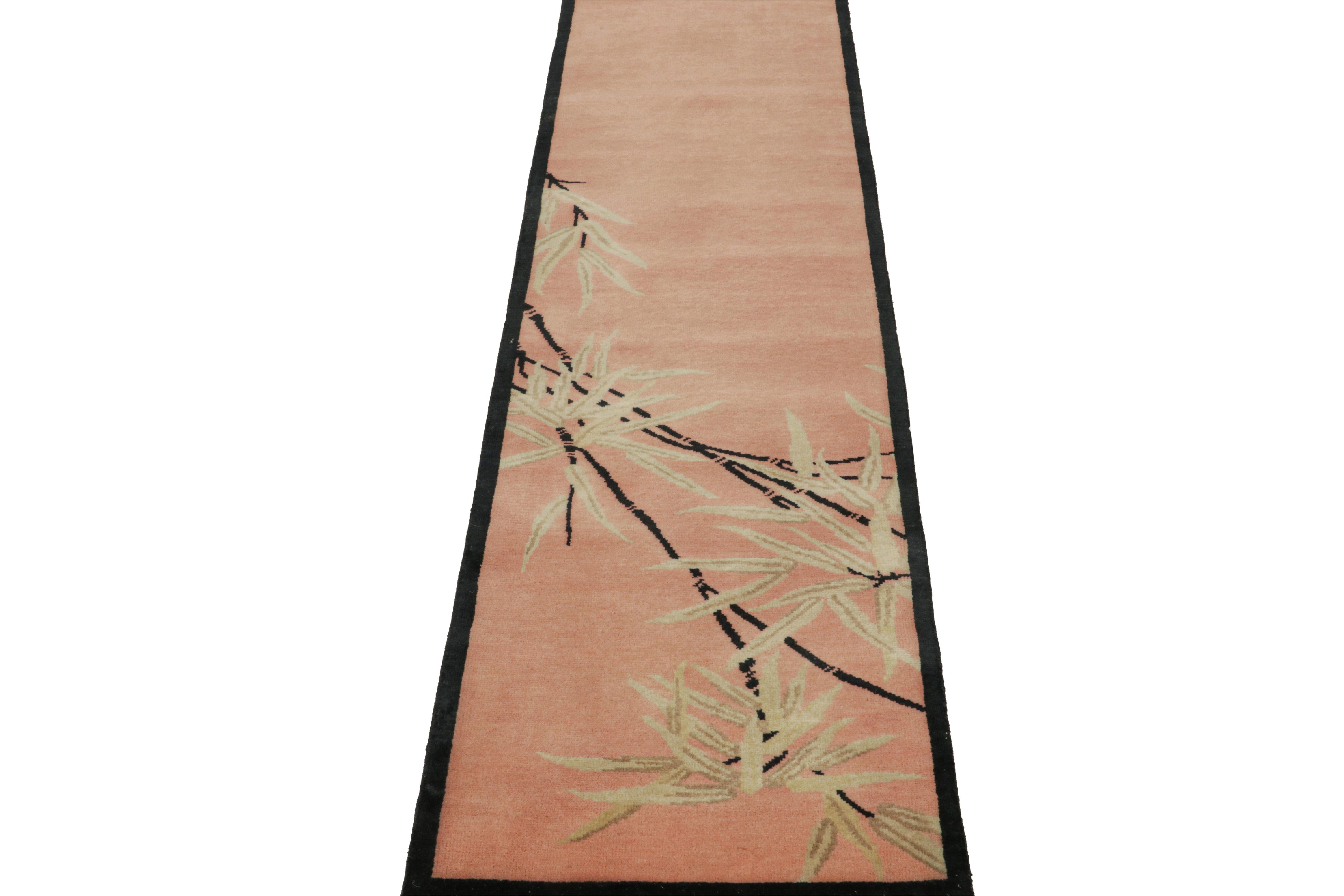 Indian Rug & Kilim’s Chinese Art Deco style Runner Rug in Pink with Floral Pattern For Sale