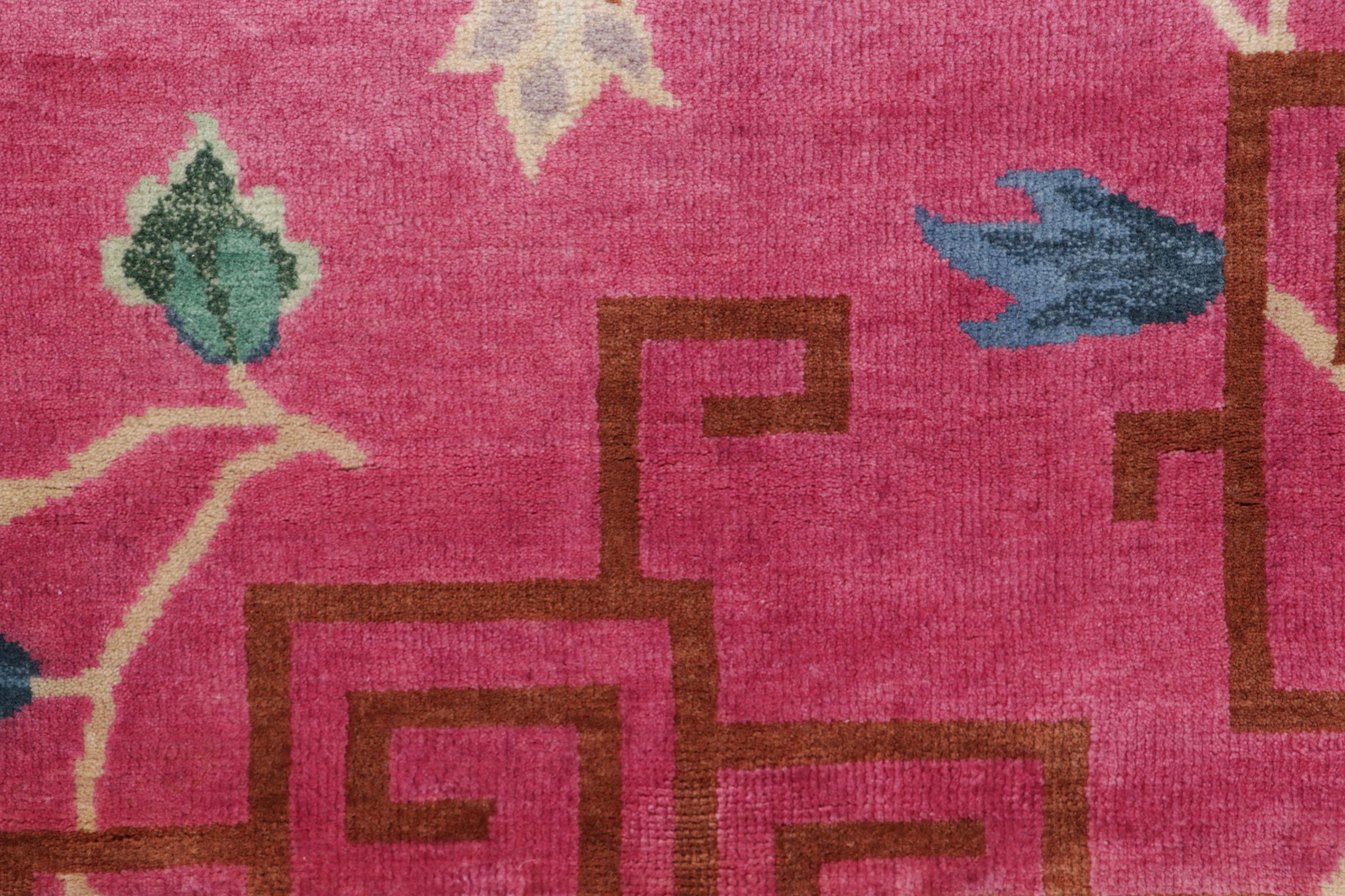 Indian Rug & Kilim’s Chinese Art Deco Style Runner Rug in Pink with Floral Patterns For Sale