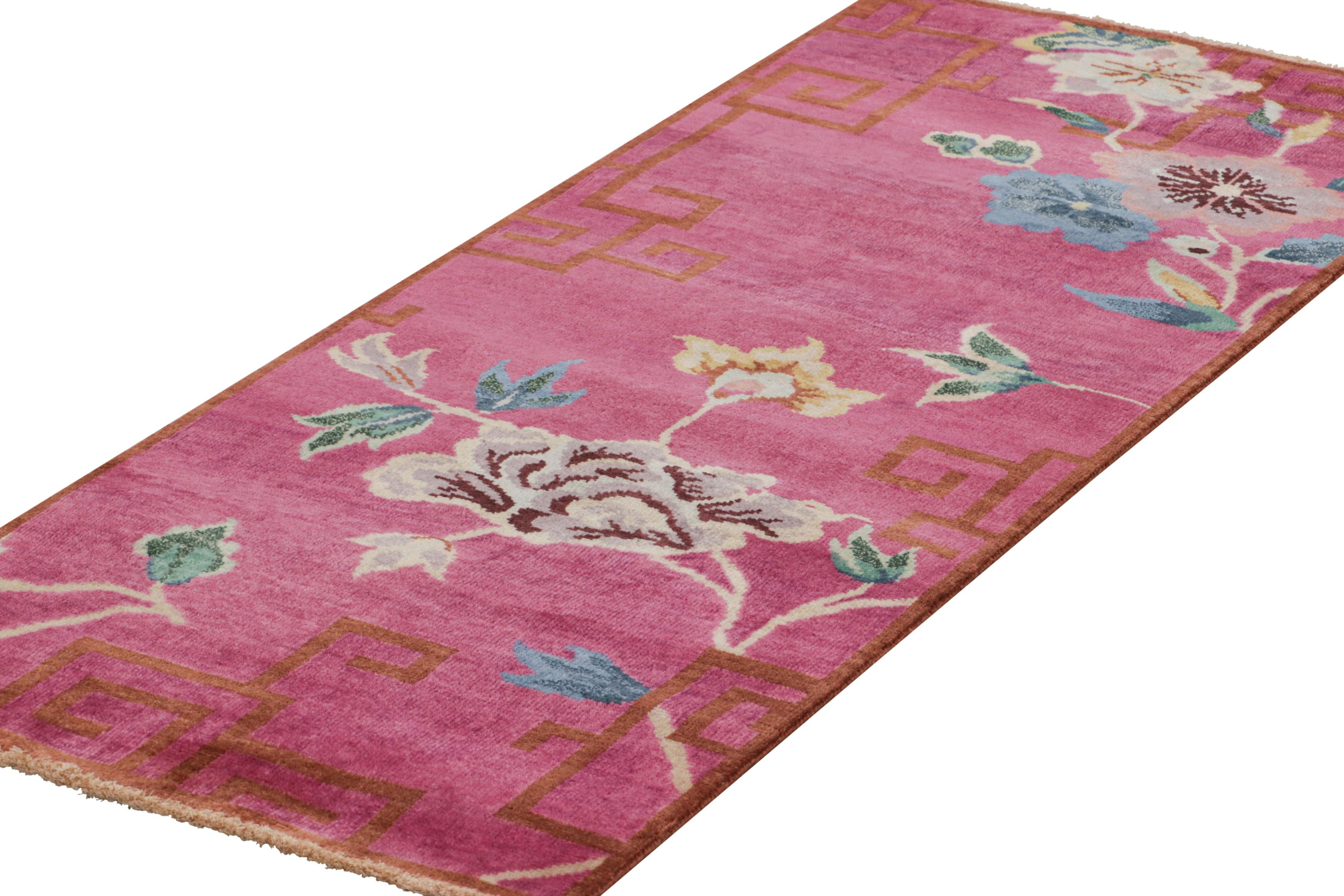 Hand-Knotted Rug & Kilim’s Chinese Art Deco Style Runner Rug in Pink with Floral Patterns For Sale