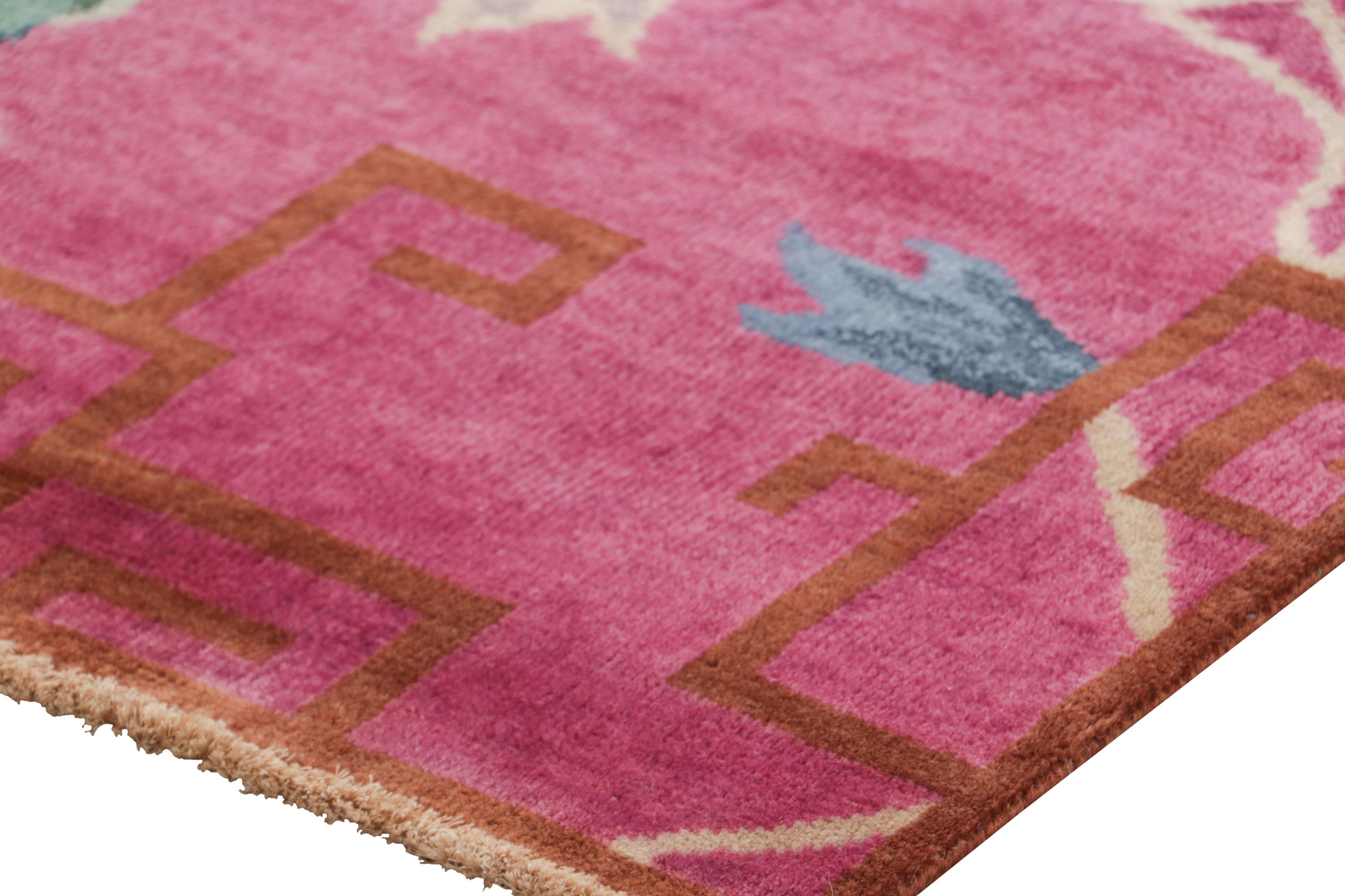 Contemporary Rug & Kilim’s Chinese Art Deco Style Runner Rug in Pink with Floral Patterns For Sale