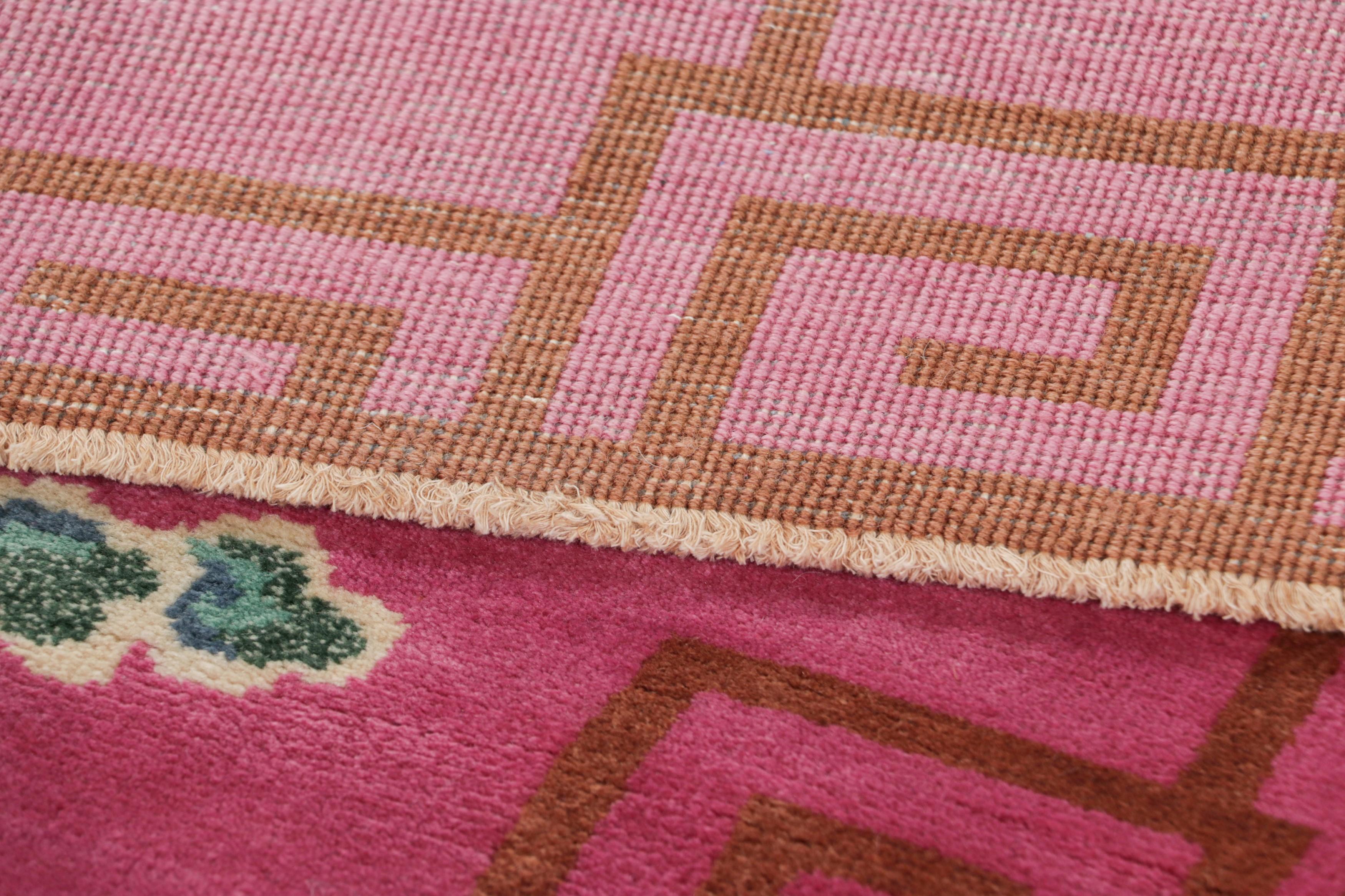 Wool Rug & Kilim’s Chinese Art Deco Style Runner Rug in Pink with Floral Patterns For Sale