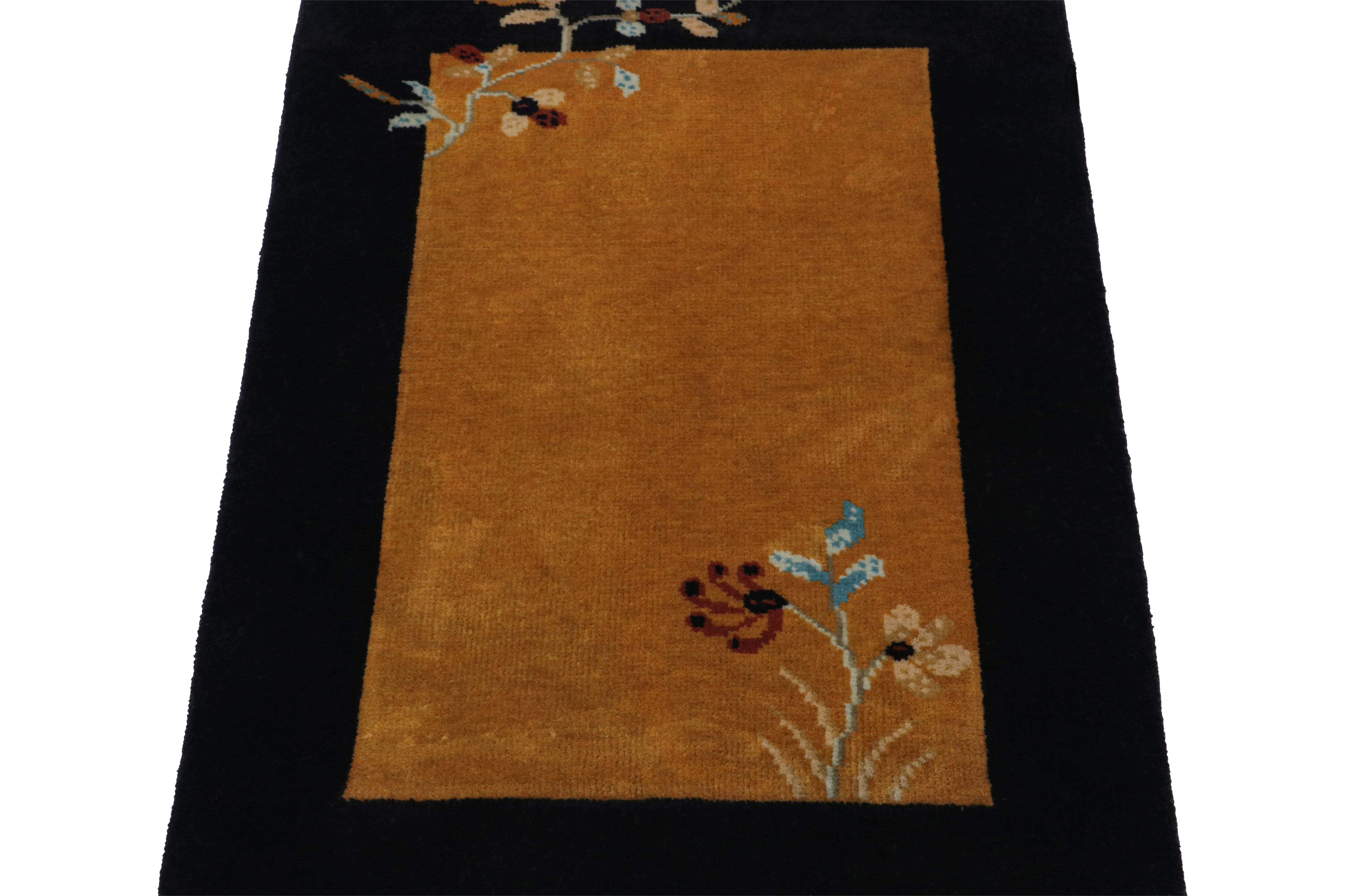 Modern Rug & Kilim’s Chinese Art Deco Style Scatter Rug in Gold and Midnight Blue For Sale