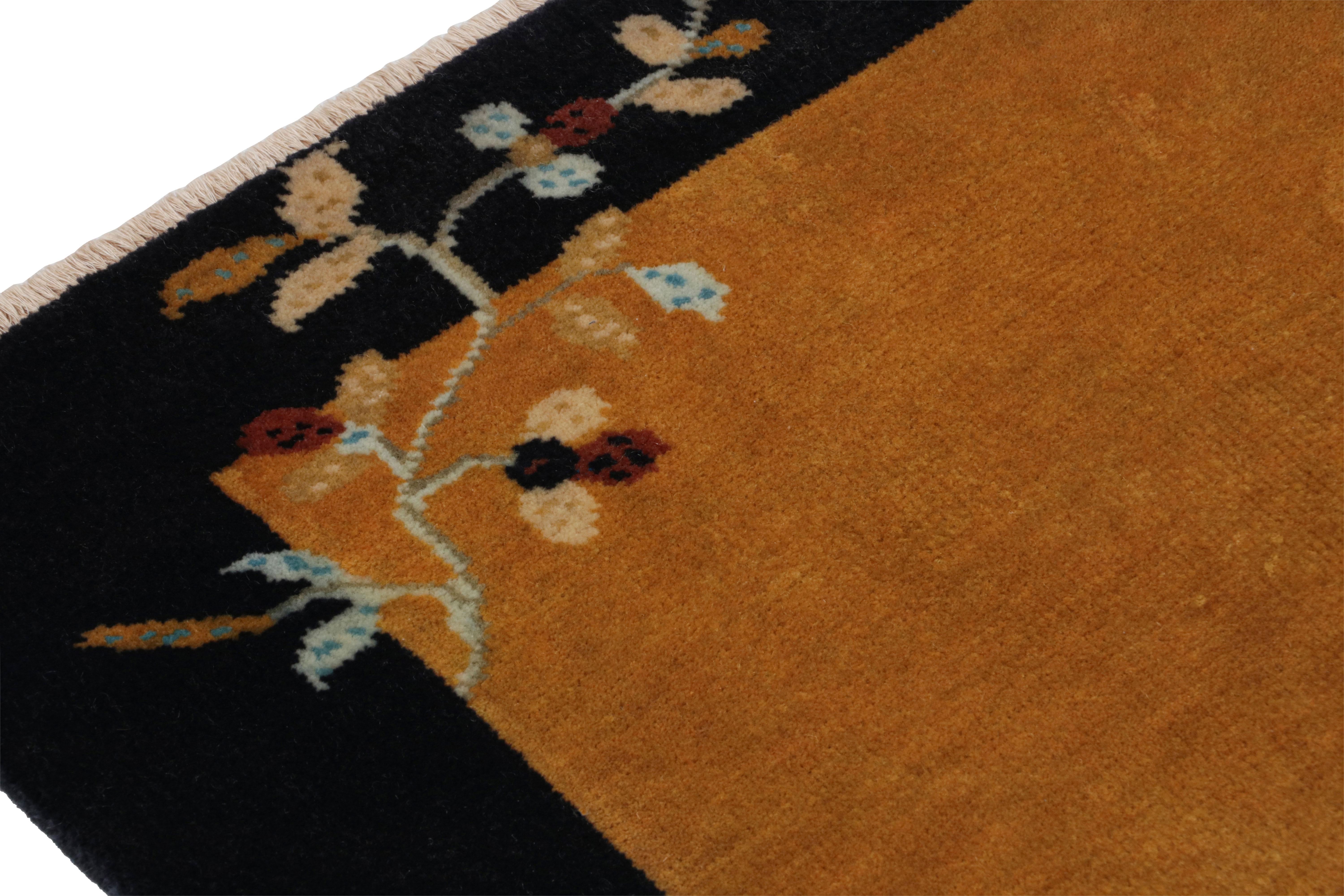 Hand-Knotted Rug & Kilim’s Chinese Art Deco Style Scatter Rug in Gold and Midnight Blue For Sale