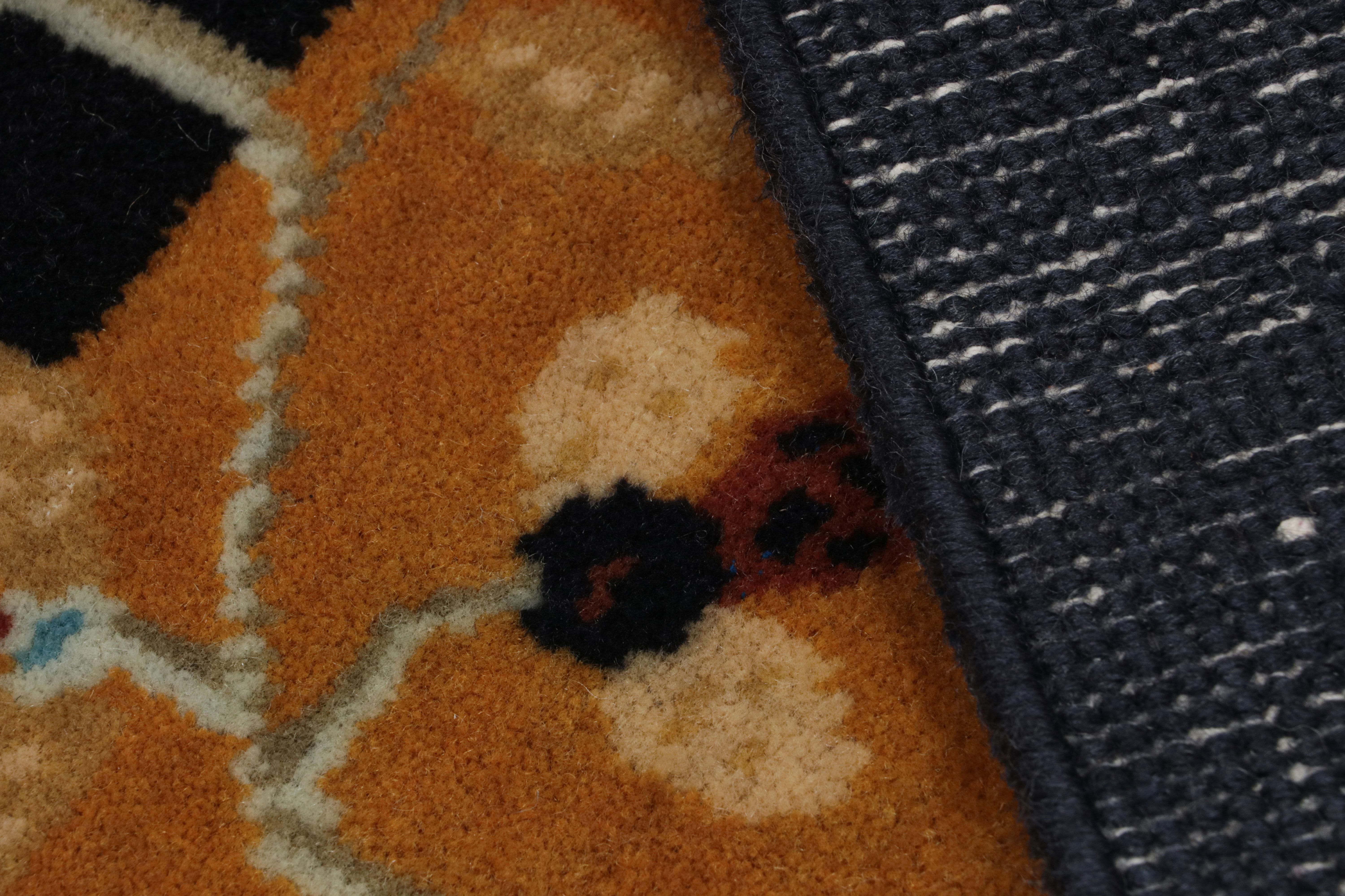 Contemporary Rug & Kilim’s Chinese Art Deco Style Scatter Rug in Gold and Midnight Blue For Sale