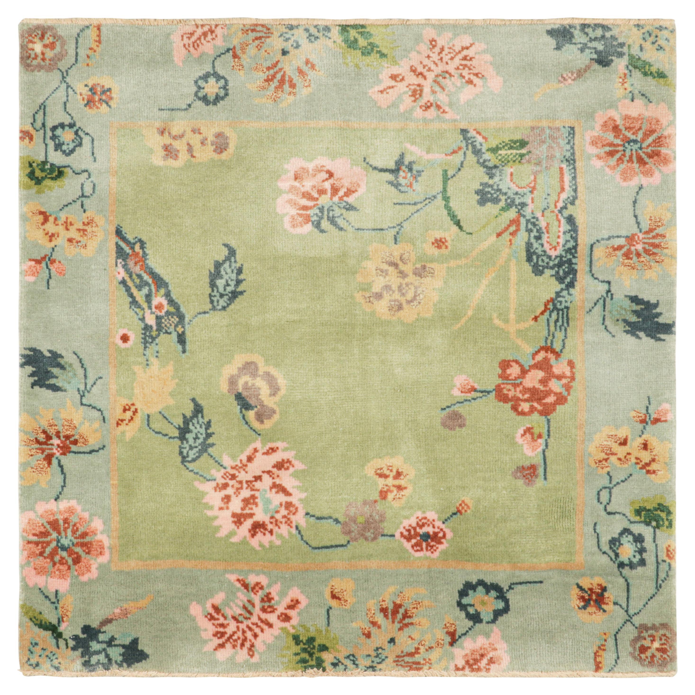 Rug & Kilim’s Chinese Art Deco Style Square Rug in Blue and Green with Florals