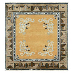 Rug & Kilim’s Chinese Art Deco Style Square Rug in Gold with Floral Patterns