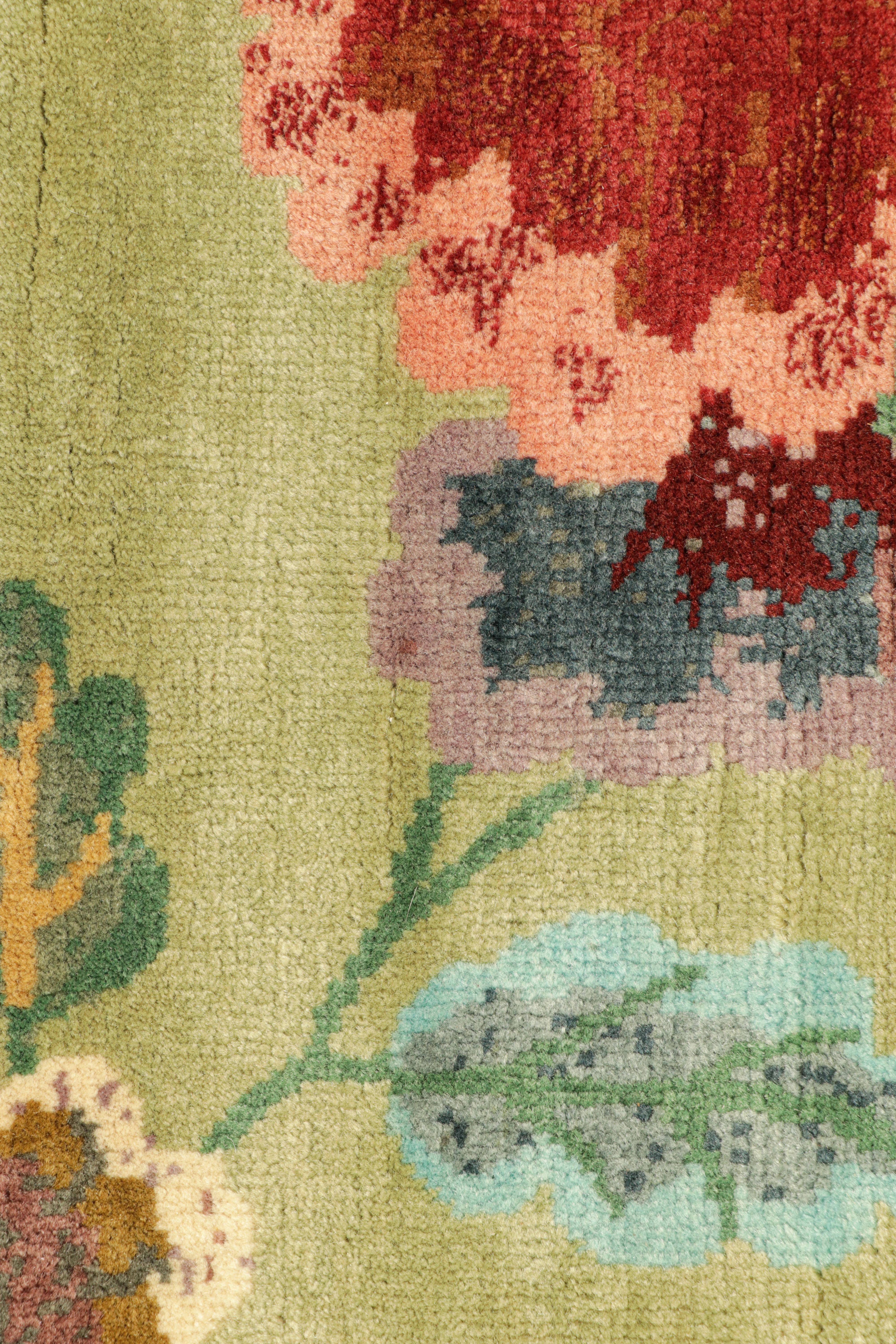 Indian Rug & Kilim’s Chinese Art Deco Style Square Rug in Green with Floral Patterns For Sale