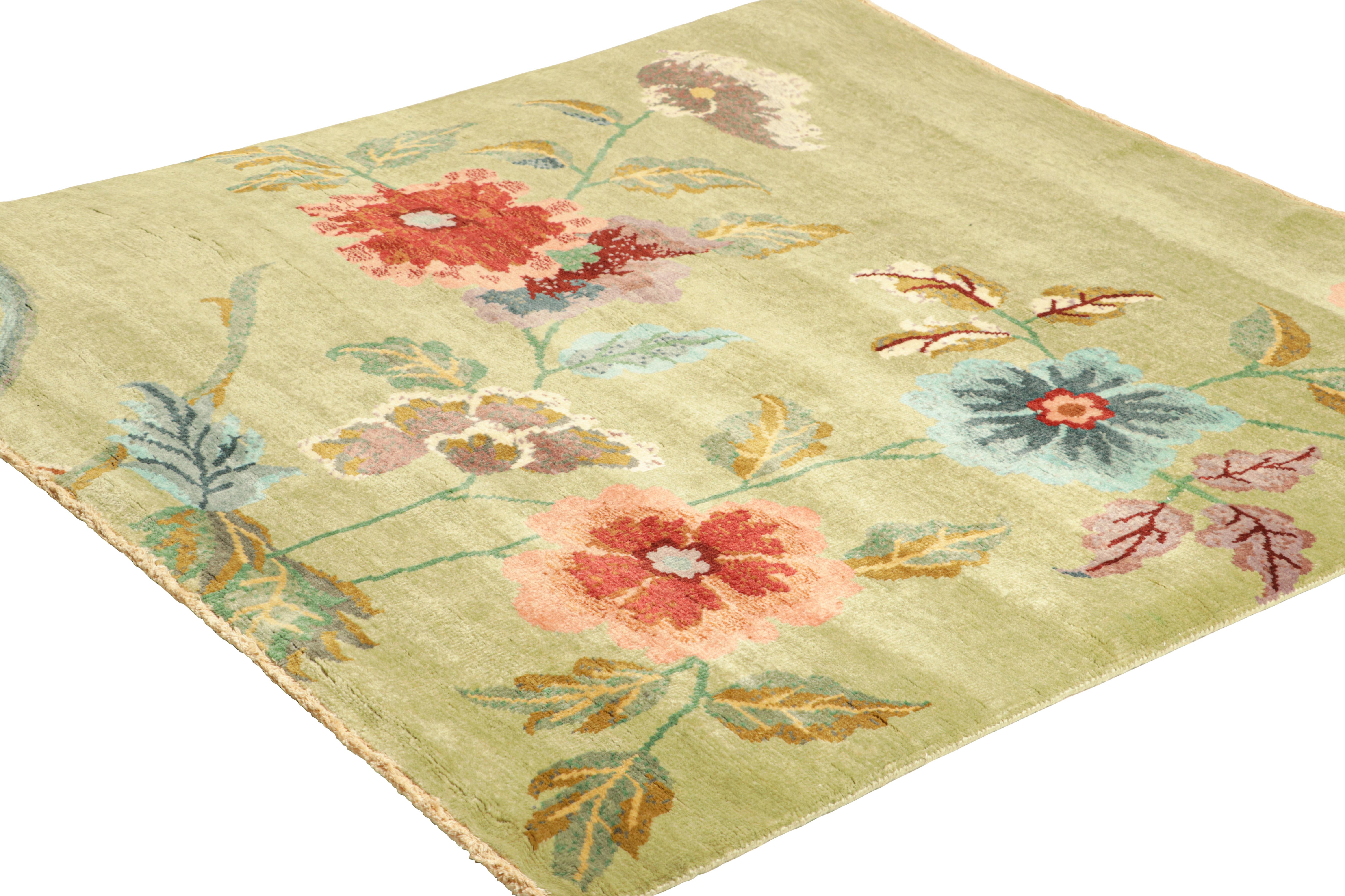 Hand-Knotted Rug & Kilim’s Chinese Art Deco Style Square Rug in Green with Floral Patterns For Sale