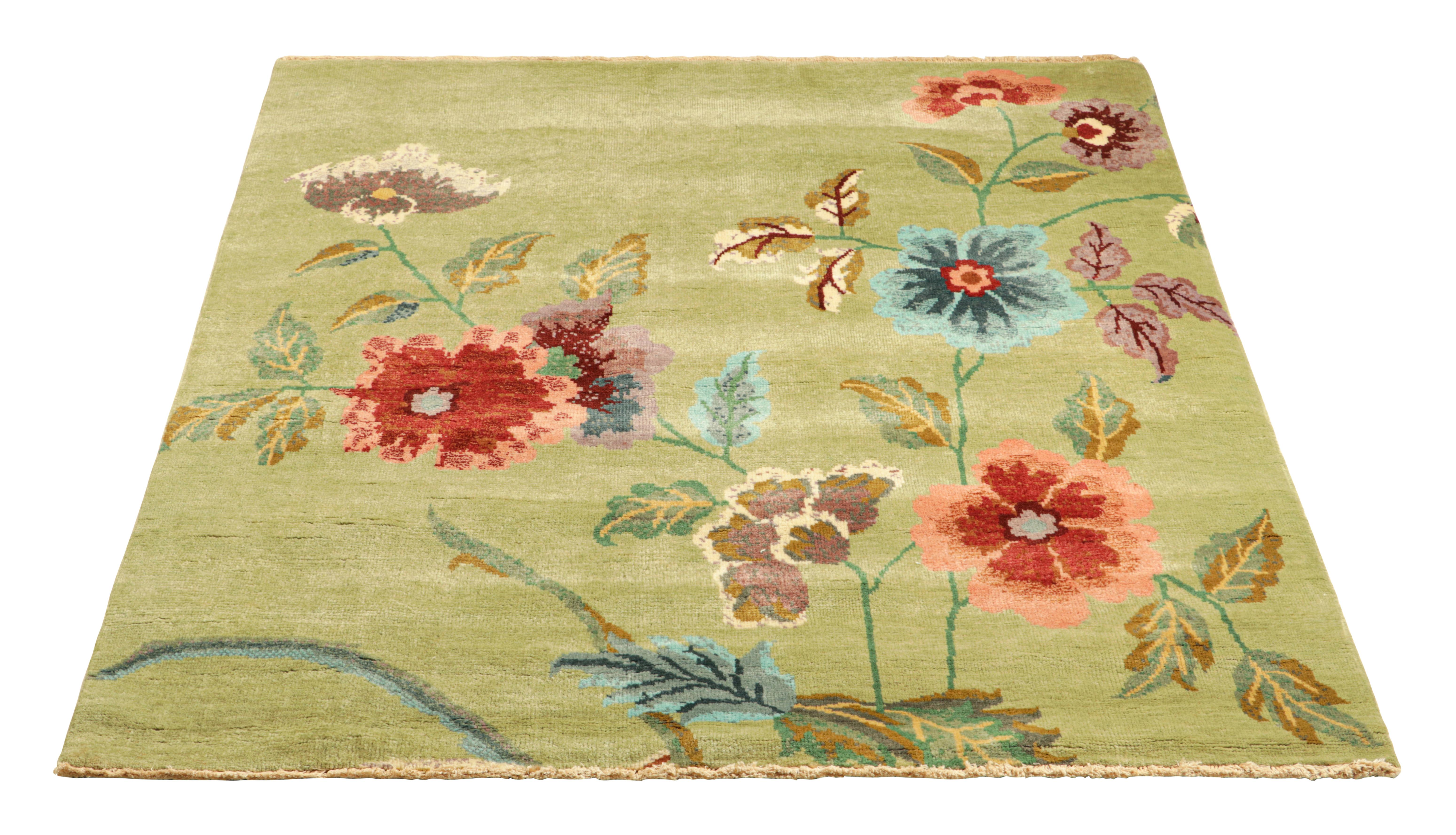 Rug & Kilim’s Chinese Art Deco Style Square Rug in Green with Floral Patterns In New Condition For Sale In Long Island City, NY