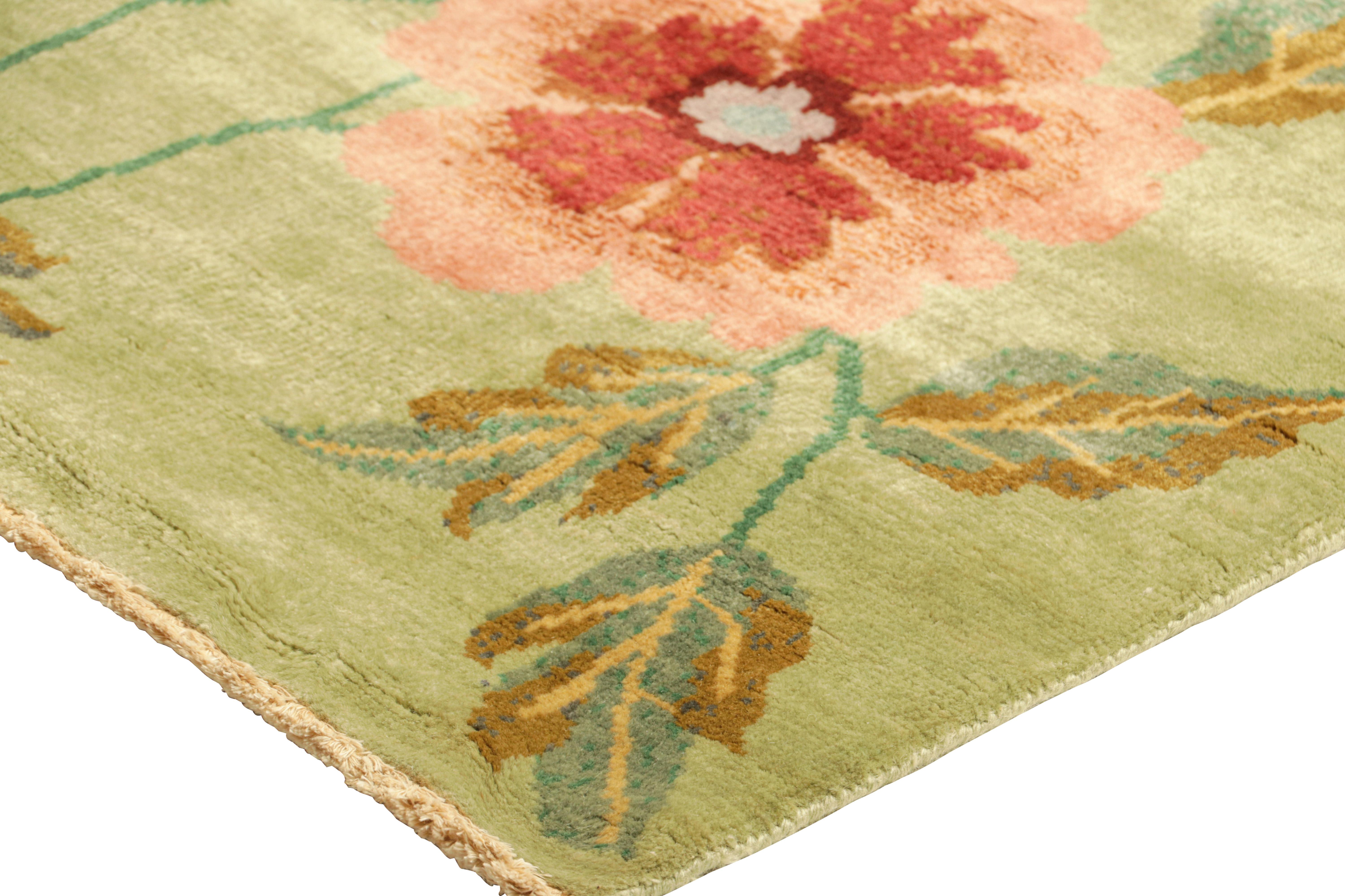 Contemporary Rug & Kilim’s Chinese Art Deco Style Square Rug in Green with Floral Patterns For Sale