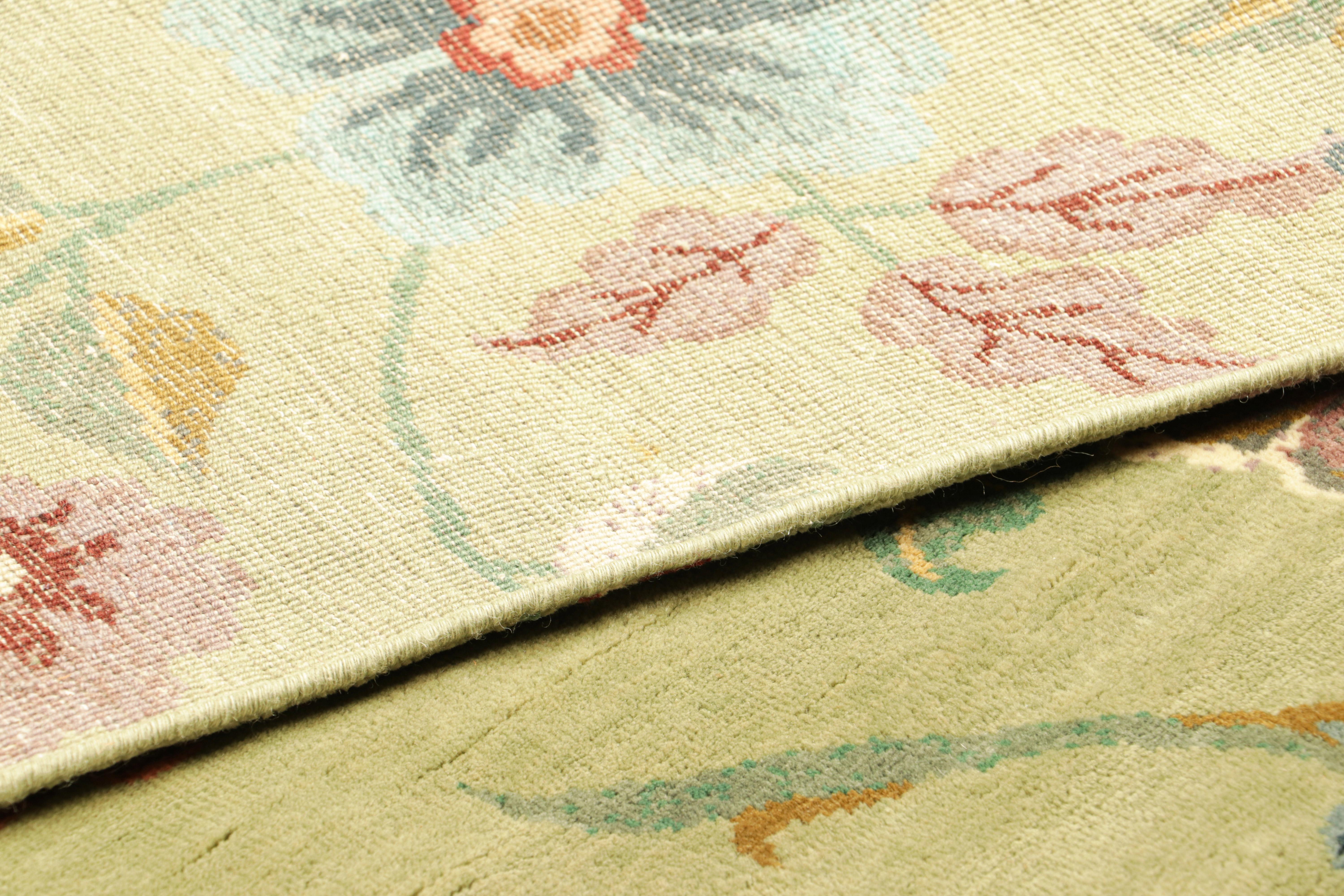 Wool Rug & Kilim’s Chinese Art Deco Style Square Rug in Green with Floral Patterns For Sale