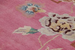 Rug & Kilim’s Chinese Art Deco Style Square Rug in Pink with Floral Patterns