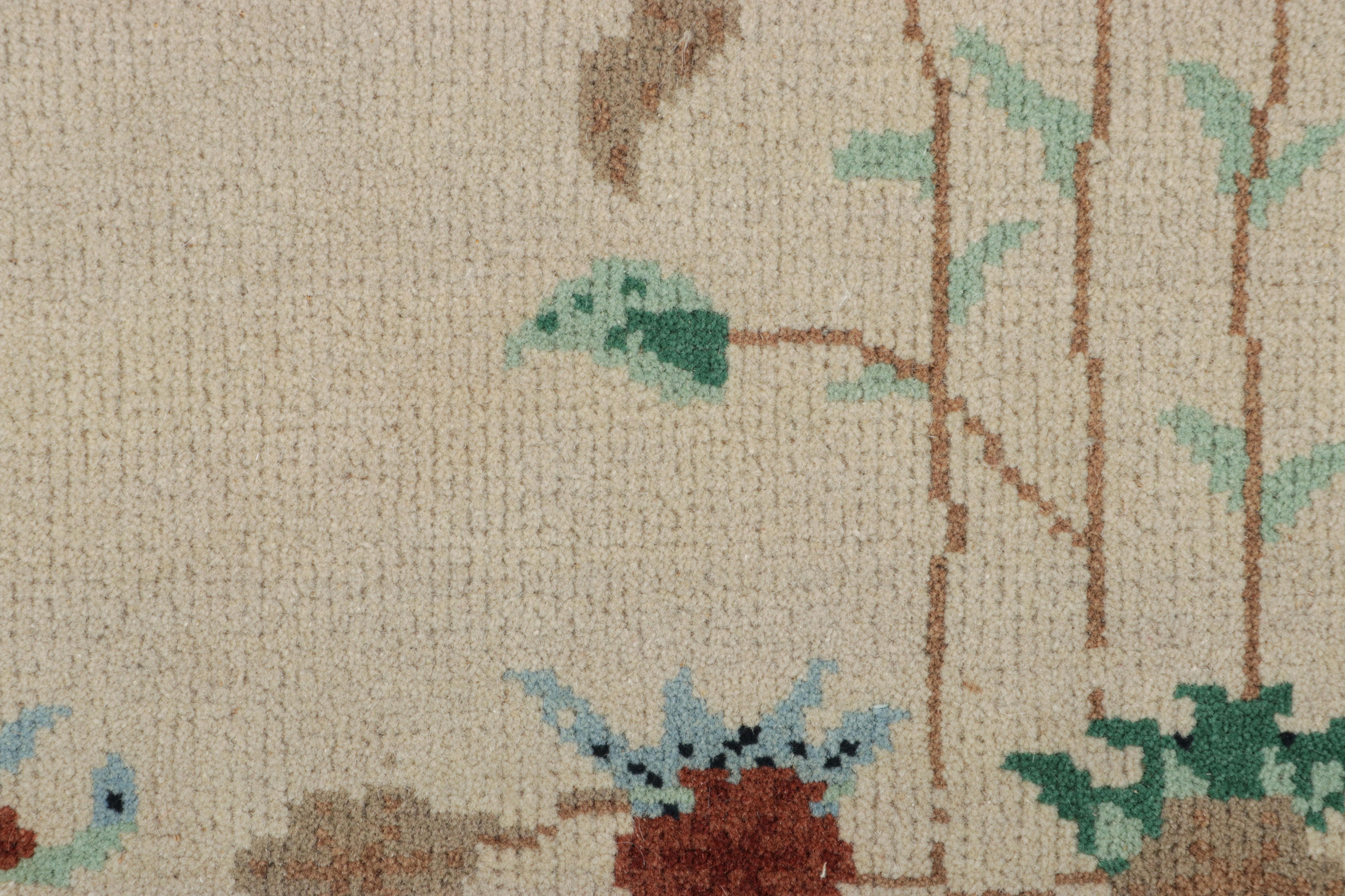 Modern Rug & Kilim’s Chinese Deco Rug in White with Floral Patterns and Navy Border For Sale