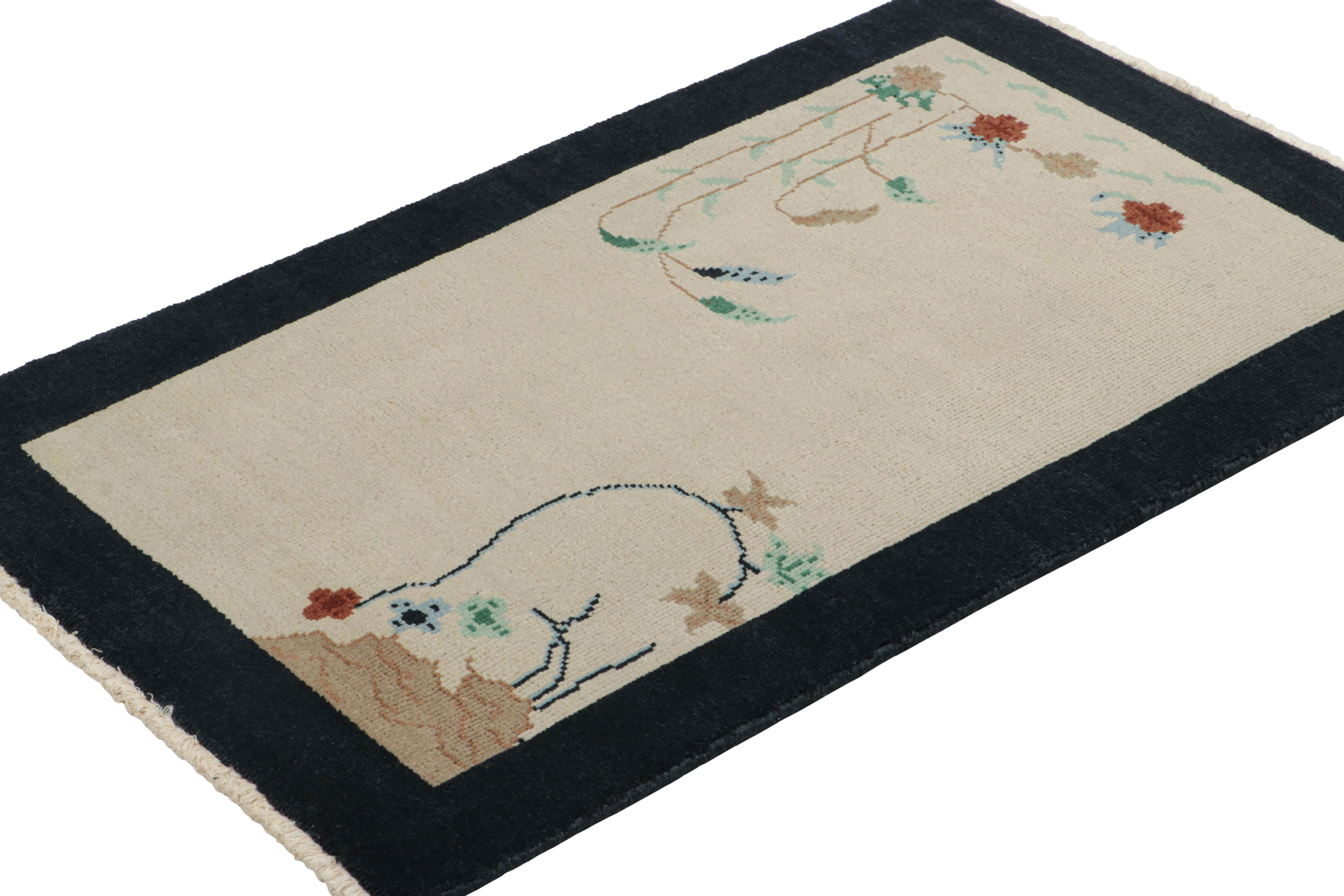 Indian Rug & Kilim’s Chinese Deco Rug in White with Floral Patterns and Navy Border For Sale