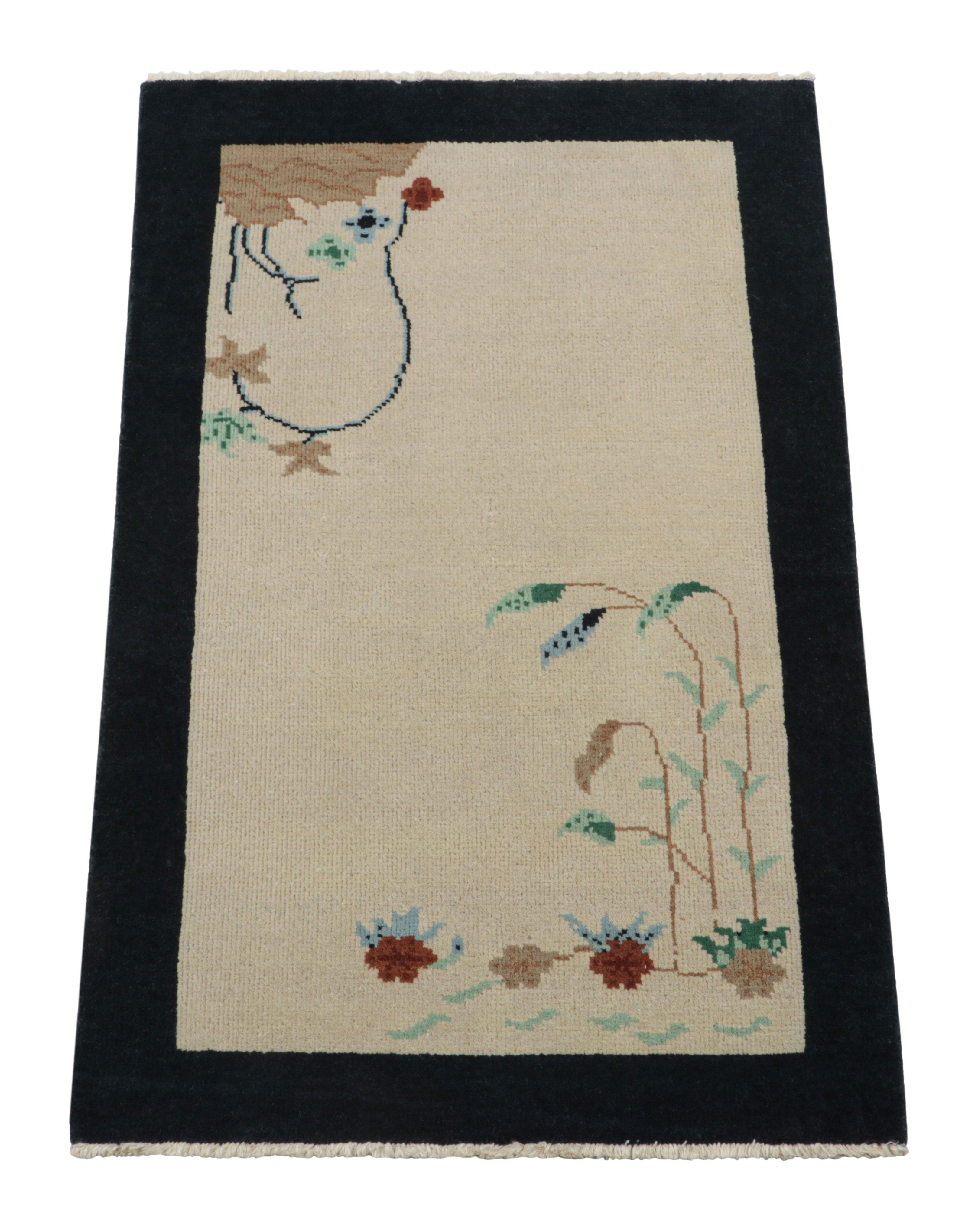 Hand-Knotted Rug & Kilim’s Chinese Deco Rug in White with Floral Patterns and Navy Border For Sale