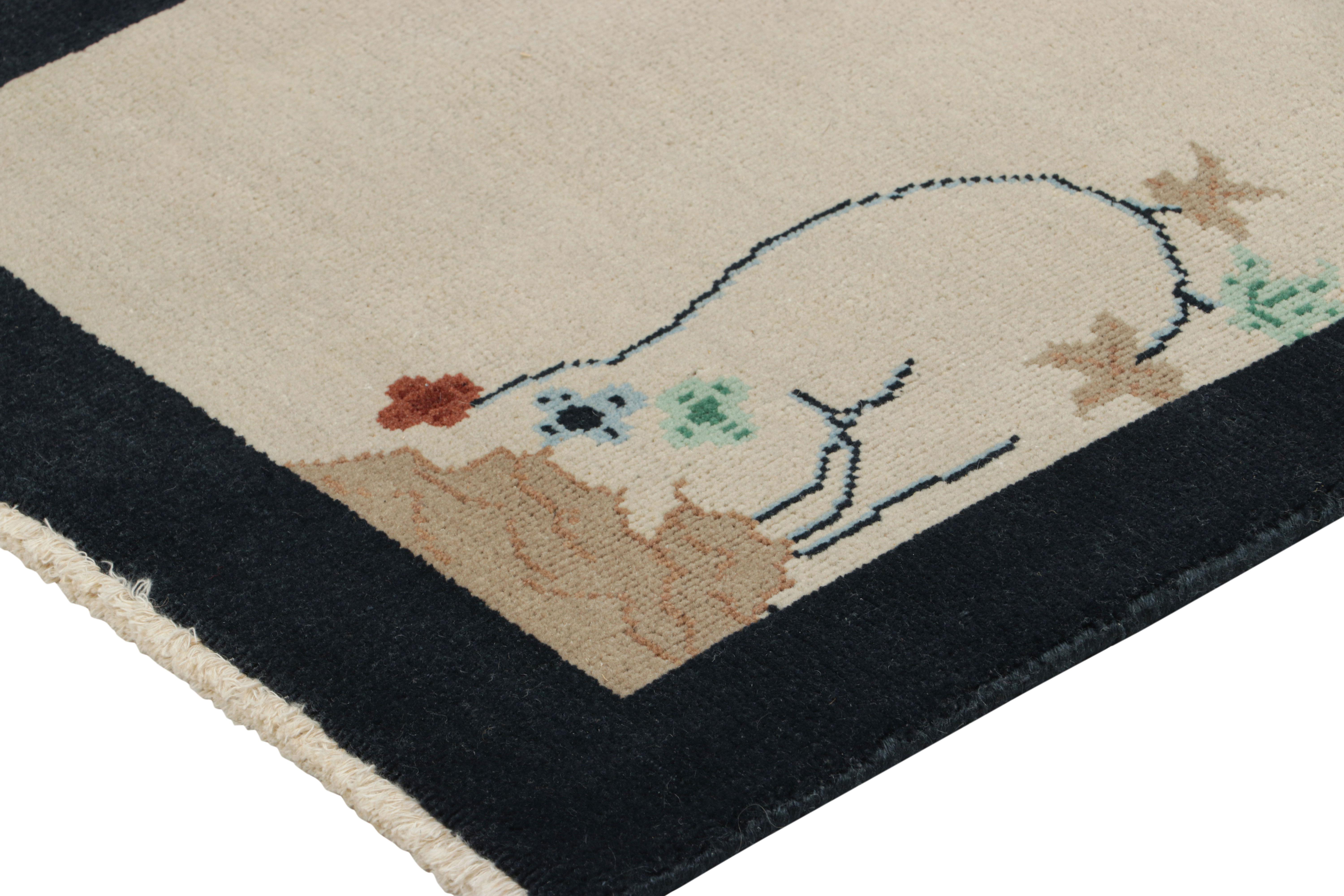 Rug & Kilim’s Chinese Deco Rug in White with Floral Patterns and Navy Border In New Condition For Sale In Long Island City, NY