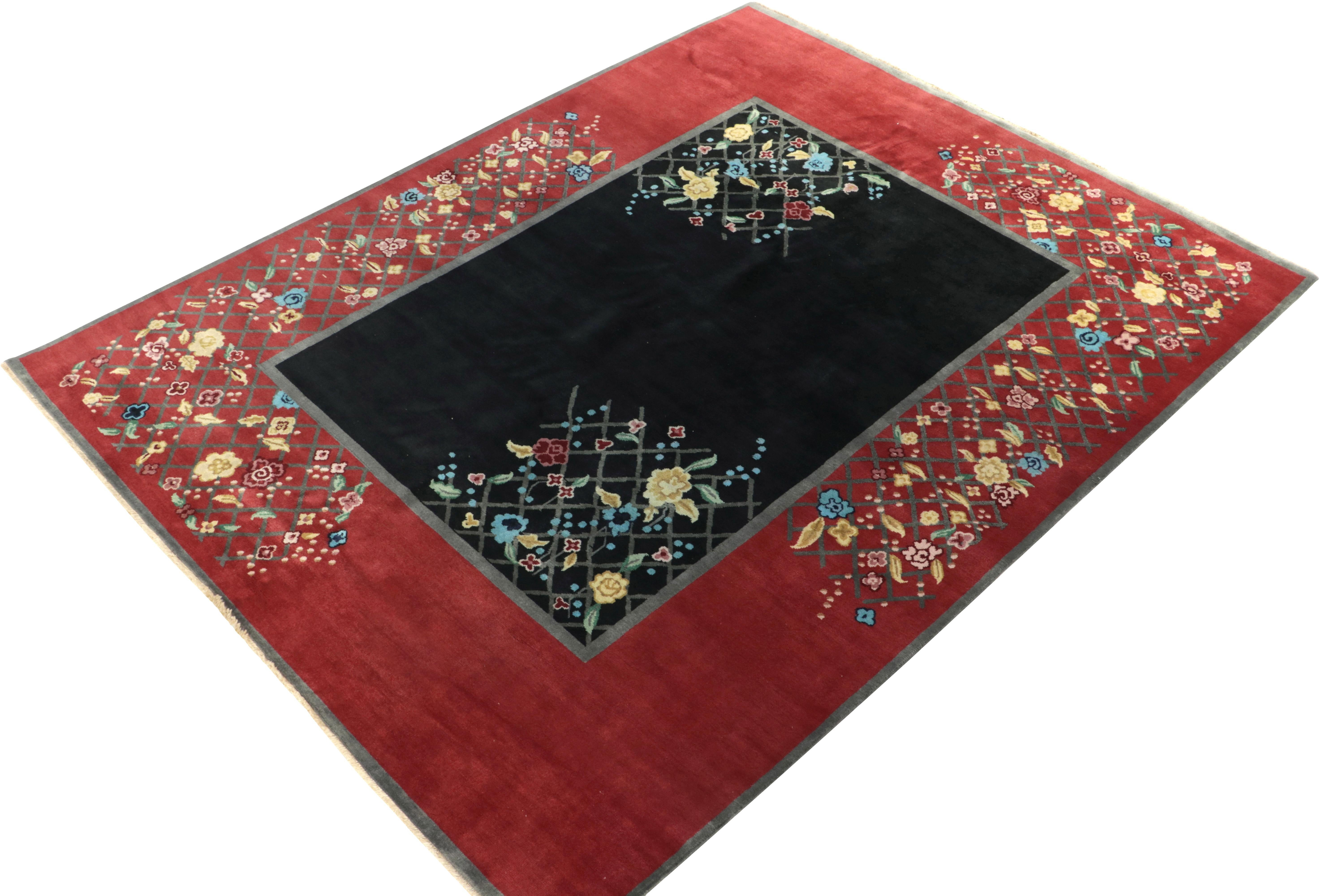 Hand-knotted in luscious wool, an 8x10 Art Deco rug, inspired by Chinese sensibilities of the 1920s. 

On the Design: A deep red border marries a bold black field, both enjoying the sheen of this fabulous blend of yarns for a lustrous, healthy