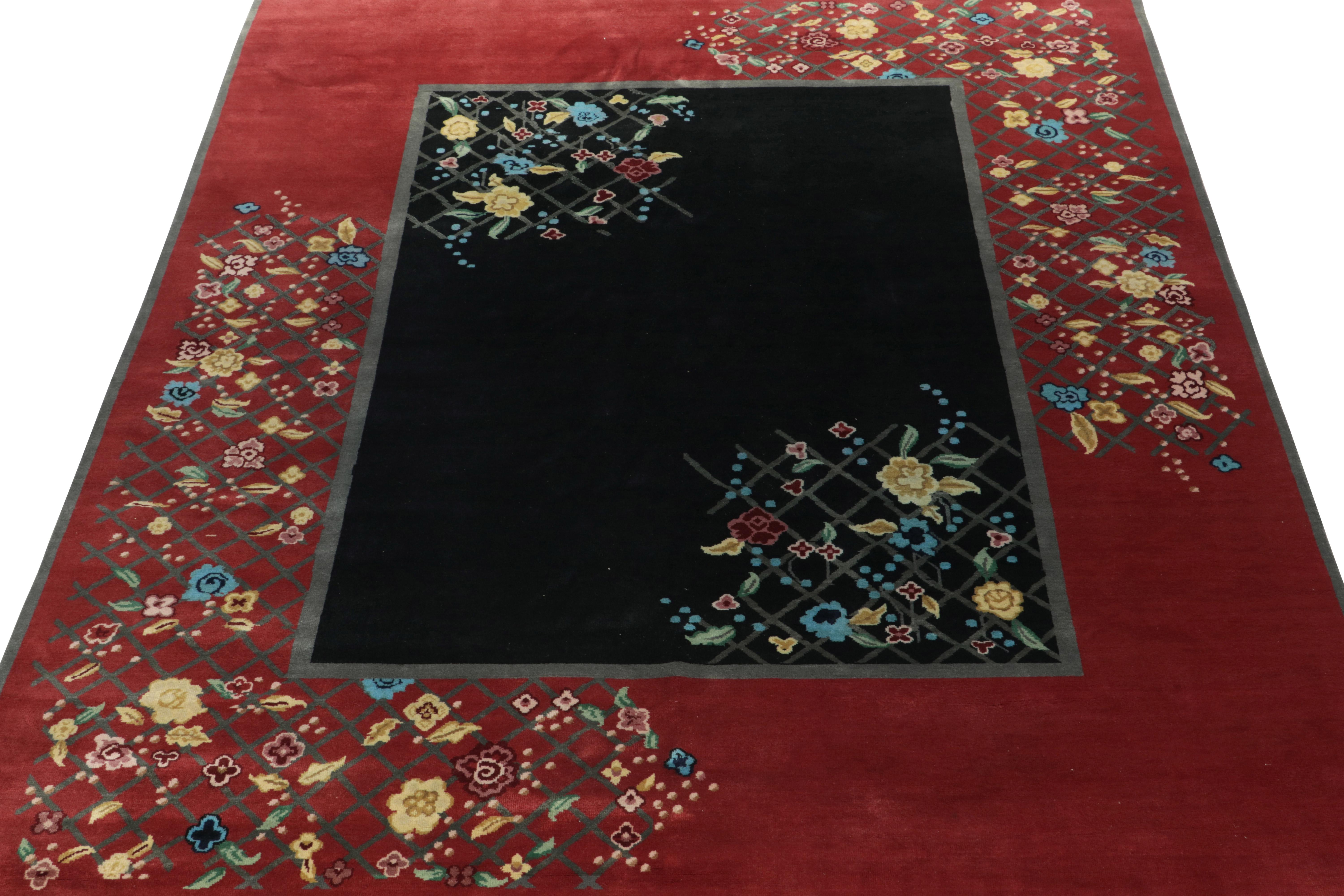 Art Deco Rug & Kilim’s Chinese Deco Style Rug in Black & Colorful Florals For Sale