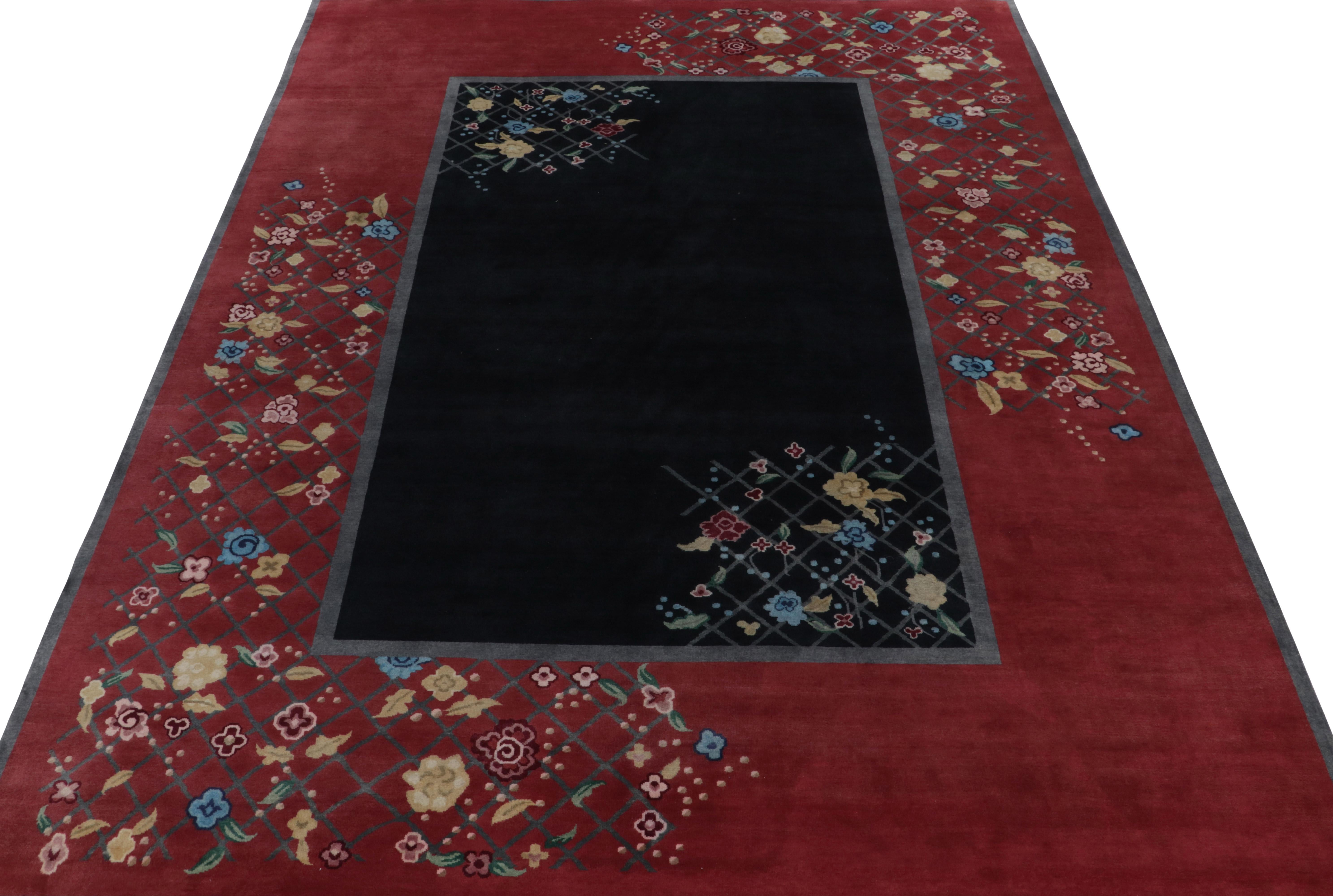 Art Deco Rug & Kilim’s Chinese Deco style rug in Black and Red with Colorful Florals For Sale
