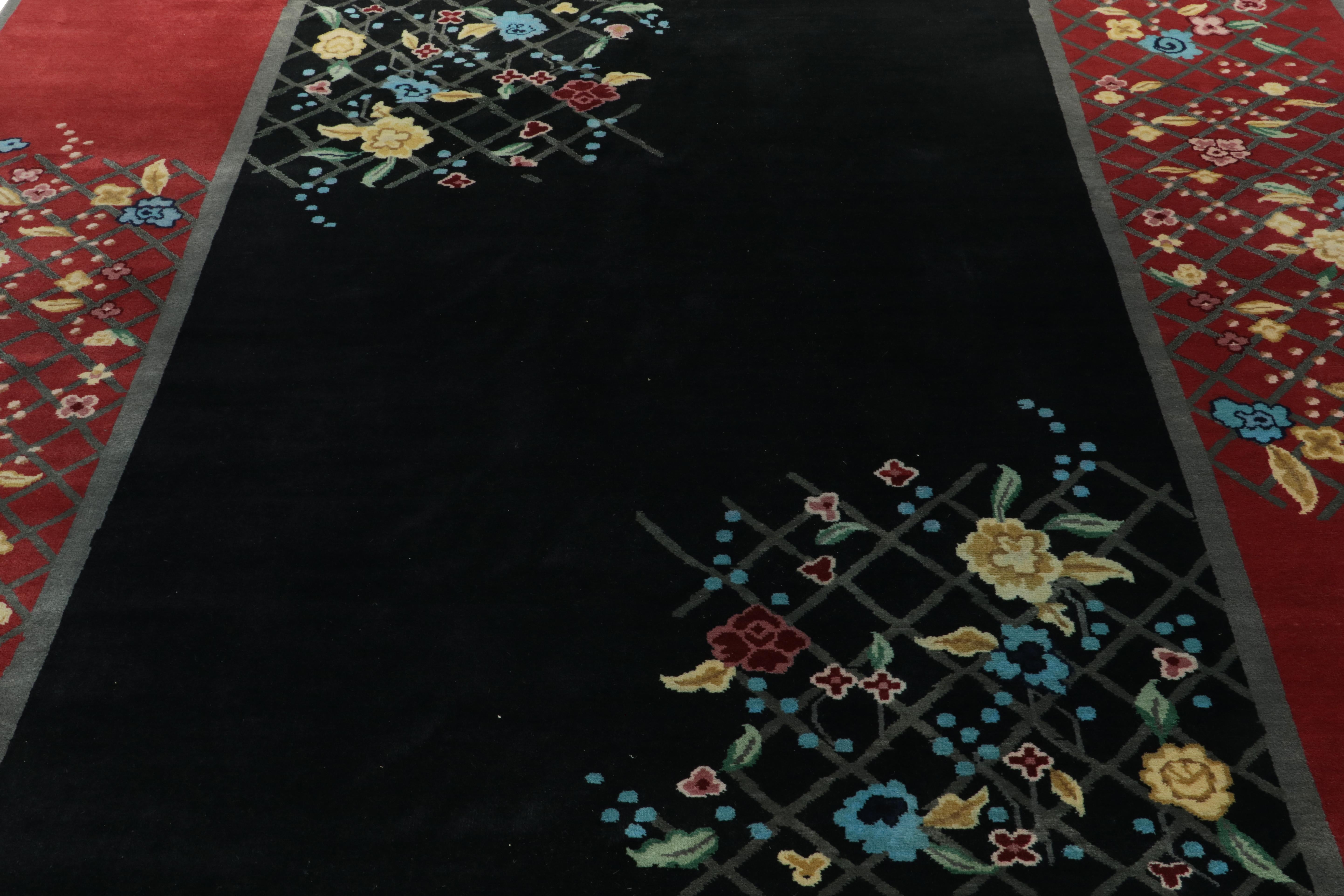 Indian Rug & Kilim’s Chinese Deco Style Rug in Black & Colorful Florals For Sale