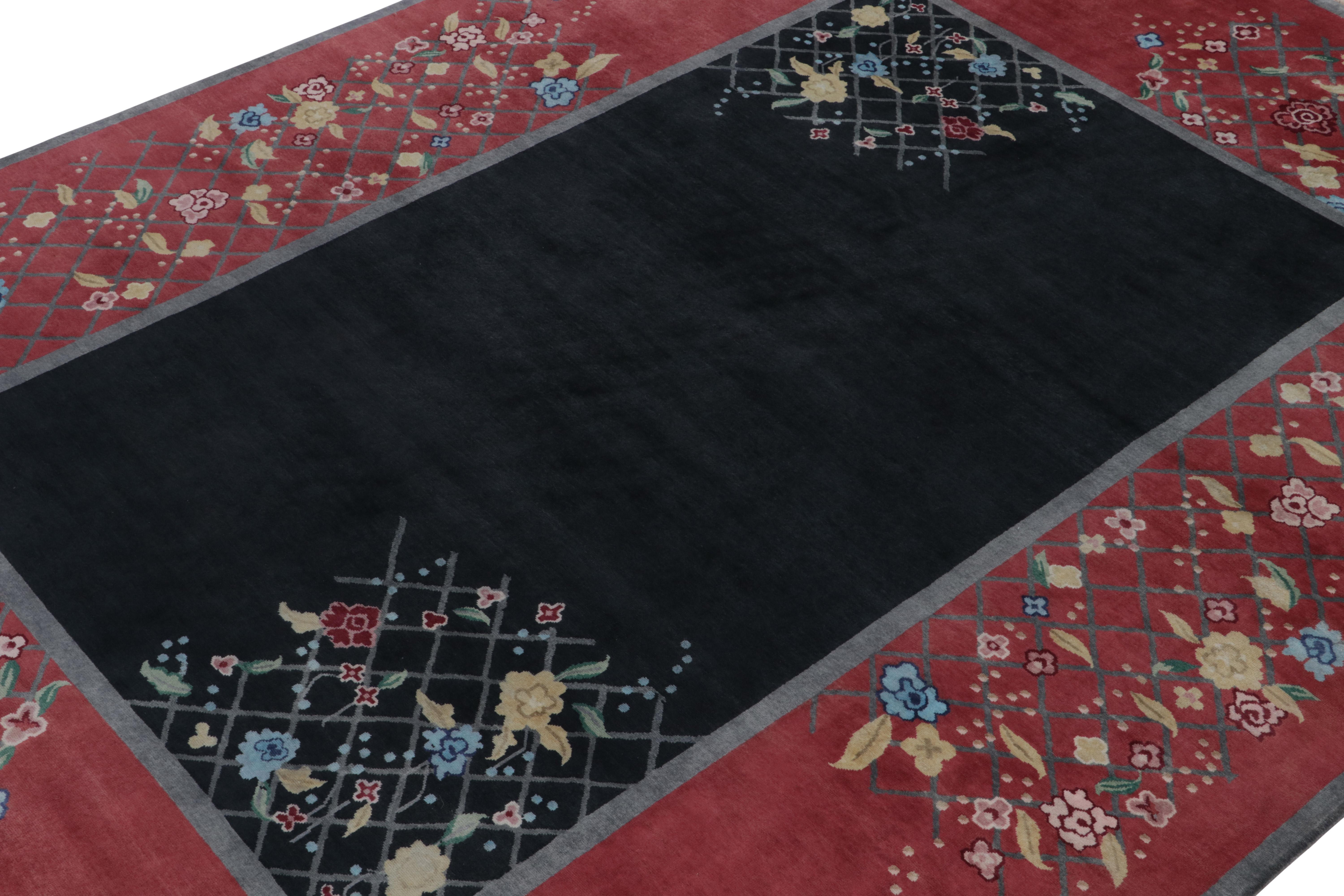 Indian Rug & Kilim’s Chinese Deco style rug in Black and Red with Colorful Florals For Sale